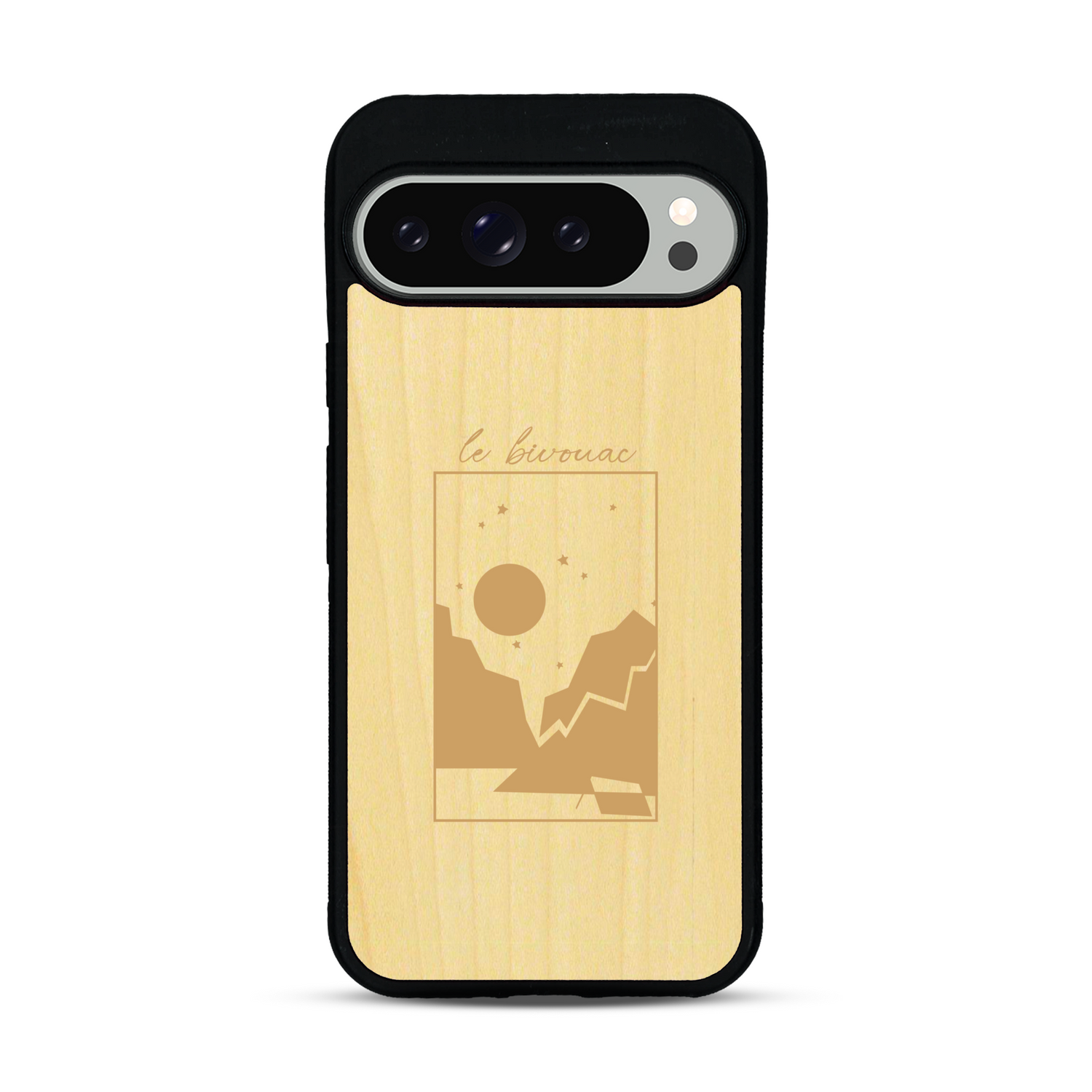 Coque de protection en bois véritable fabriquée en France pour  sur le thème du camping en pleine nature et du bivouac avec la phrase "Aventure is out there"