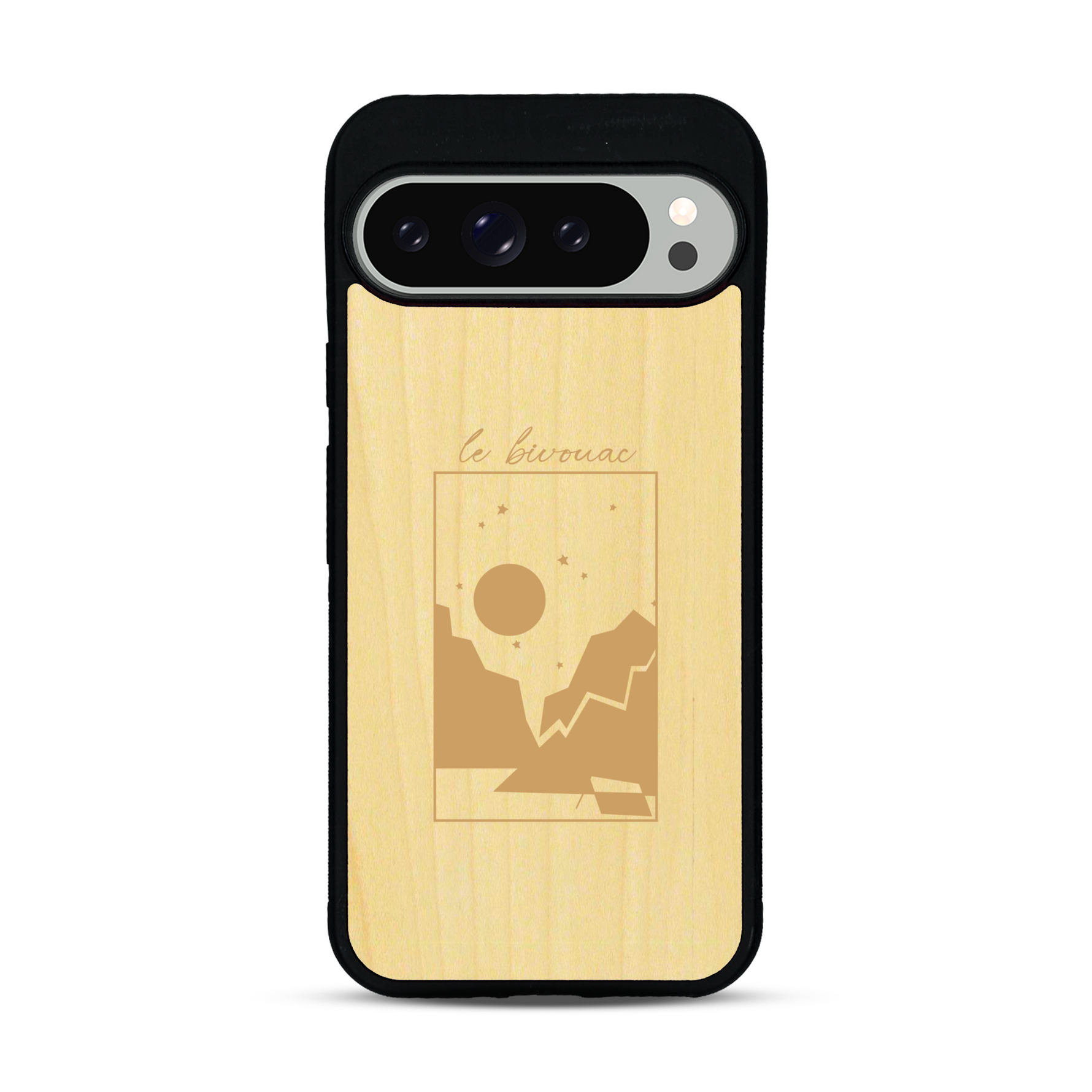Coque de protection en bois véritable fabriquée en France pour  sur le thème du camping en pleine nature et du bivouac avec la phrase "Aventure is out there"