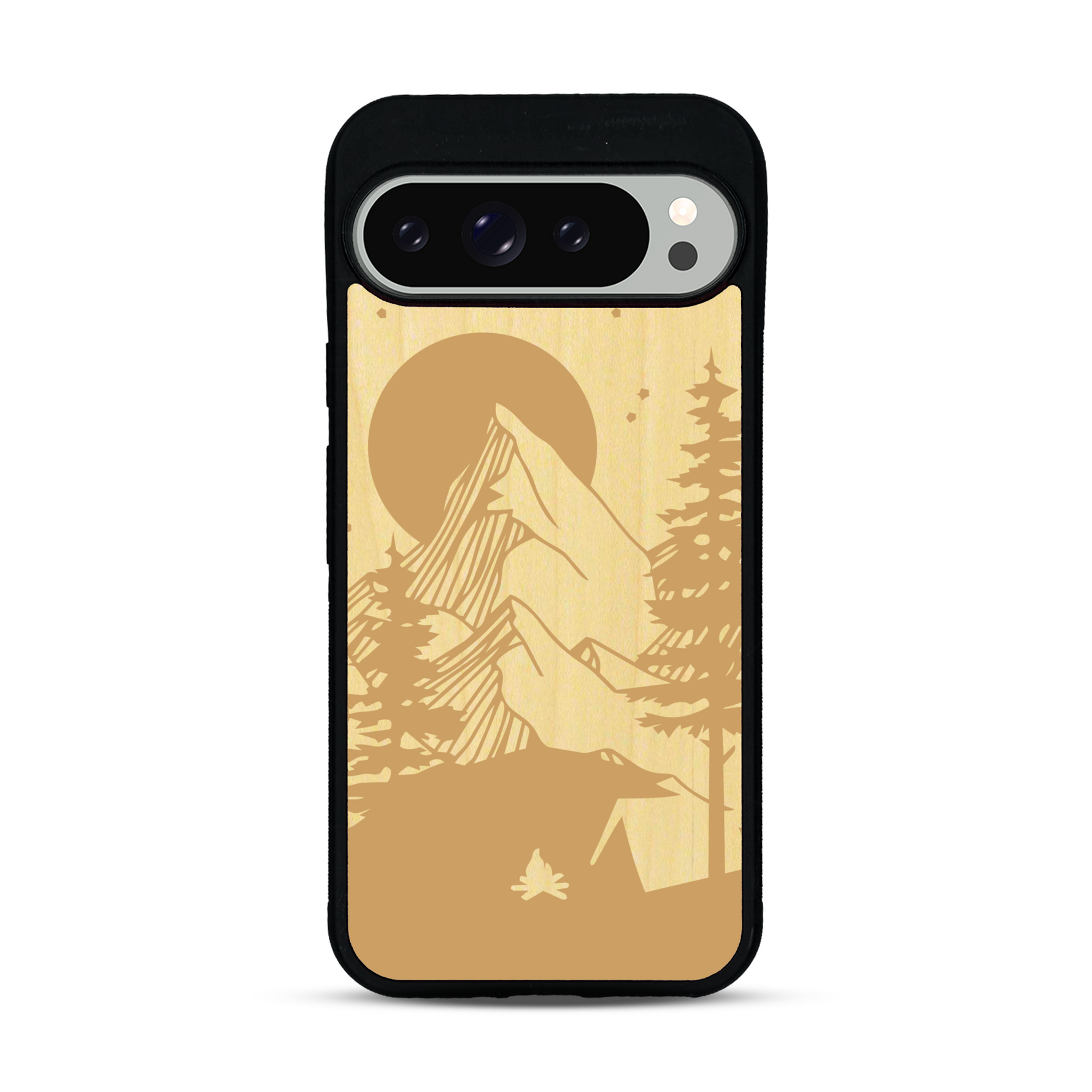 Coque de protection en bois véritable fabriquée en France pour  sur le thème du camping en pleine nature représentant une tente avec un feu de camp entouré de montagnes