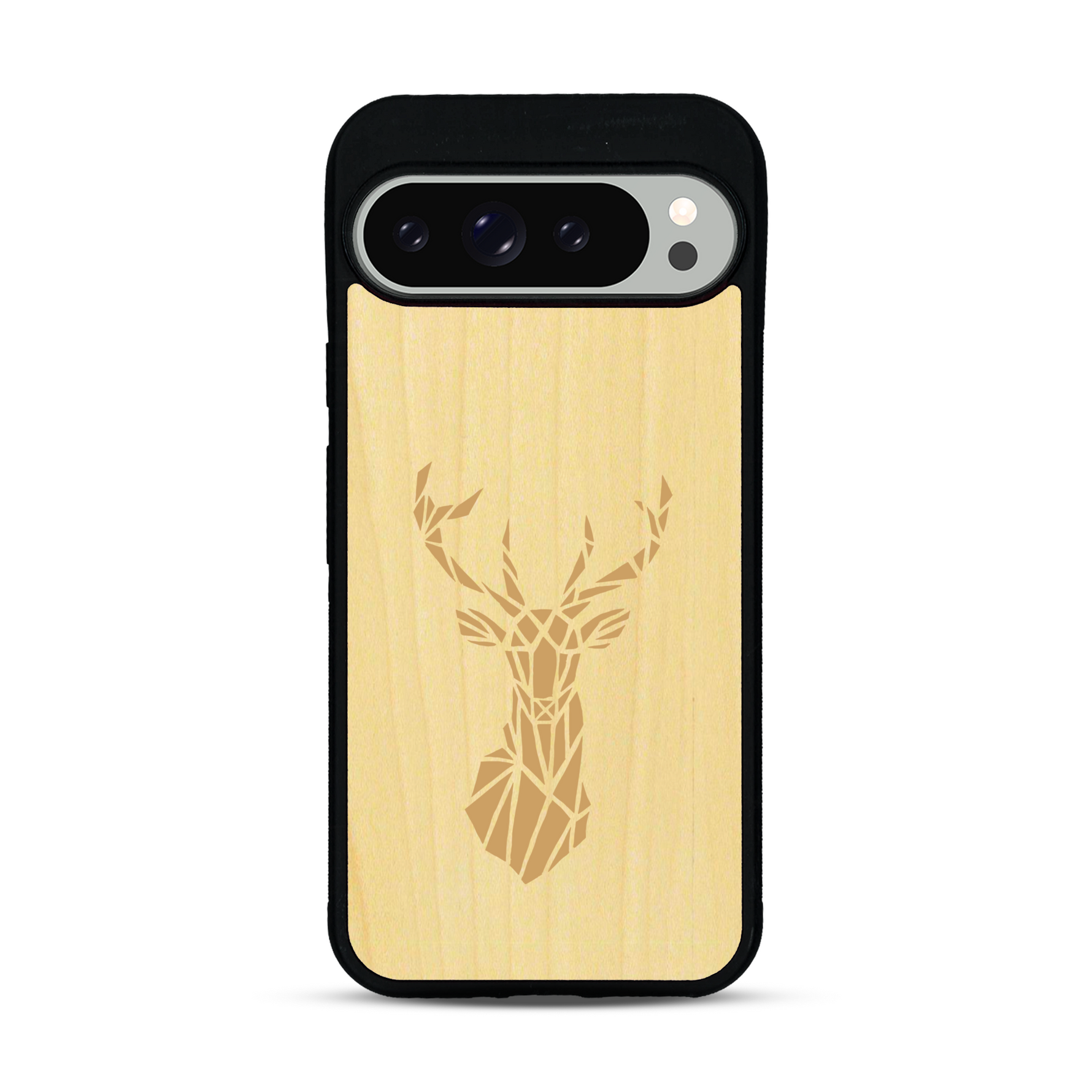 Coque de protection en bois véritable fabriquée en France pour  sur le thème de la nature et des animaux représentant une tête de cerf gométrique avec un design moderne et minimaliste
