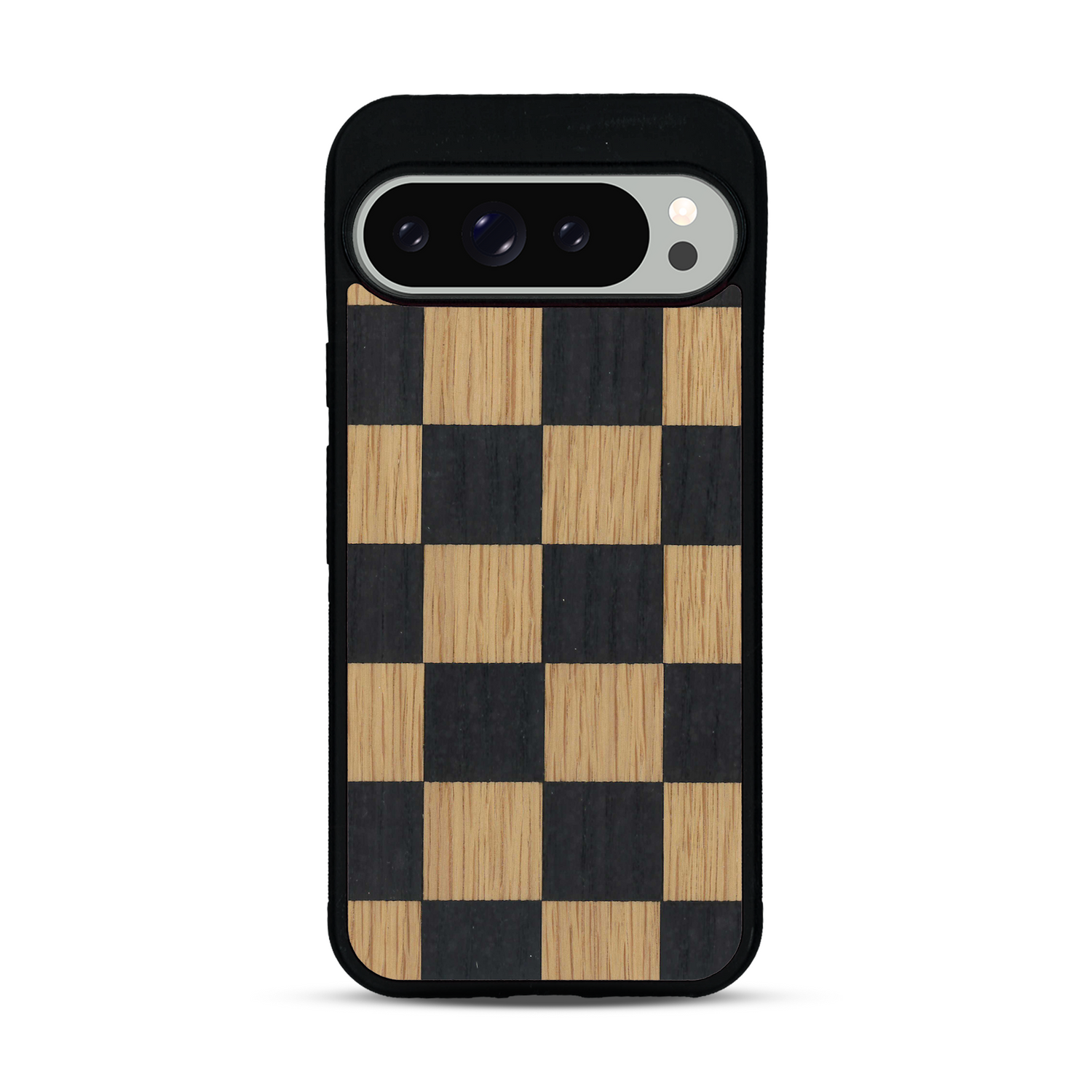 Coque de protection en bois véritable fabriquée en France pour  alliant plusieurs essences de bois pour représenter un damier