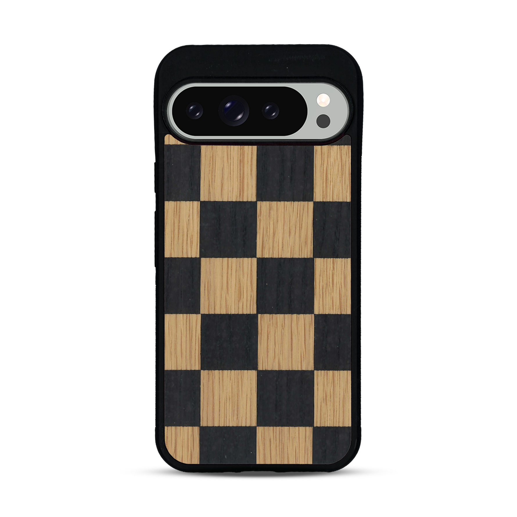 Coque de protection en bois véritable fabriquée en France pour  alliant plusieurs essences de bois pour représenter un damier