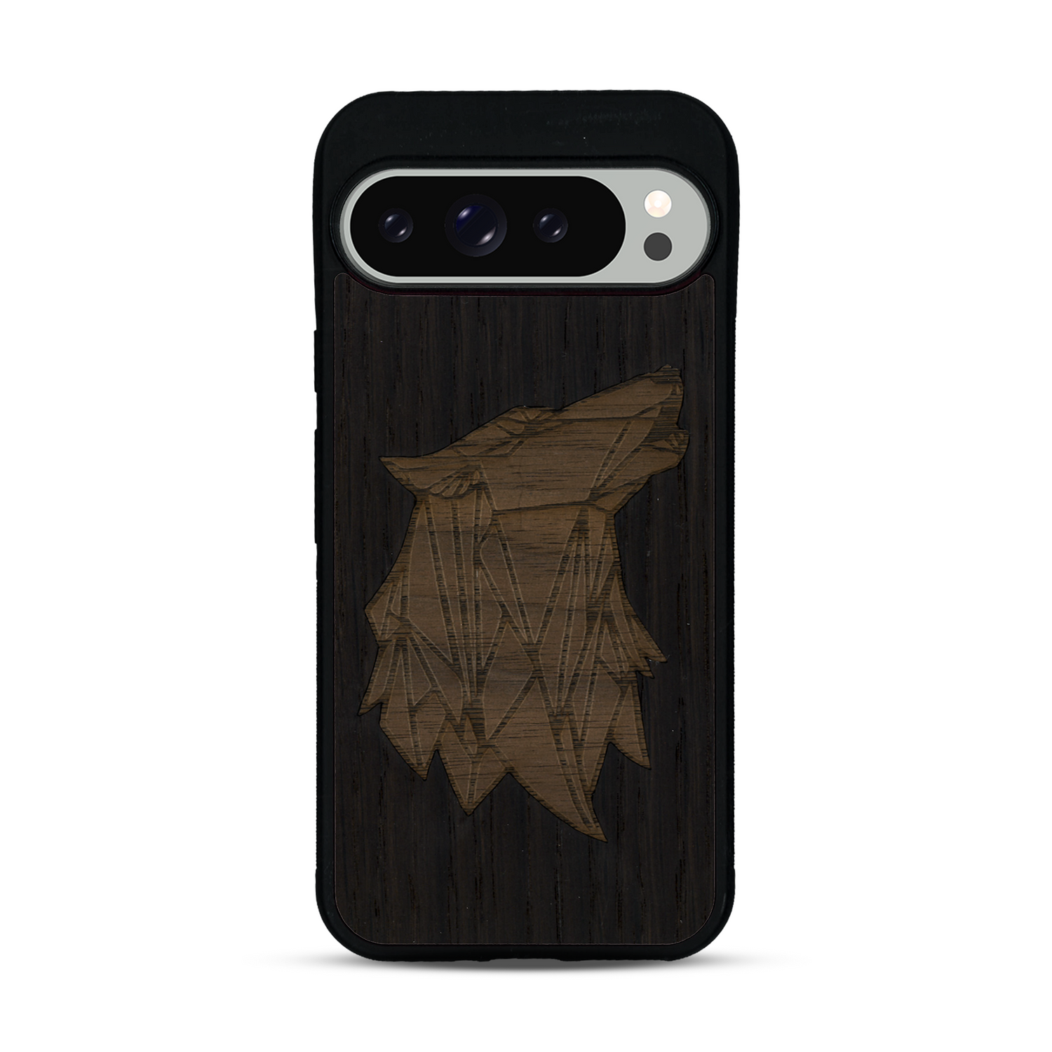Coque de protection en bois véritable fabriquée en France pour  alliant du chêne fumé et du noyer représentant une tête de loup géométrique de profil sur le thème des animaux et de la nature