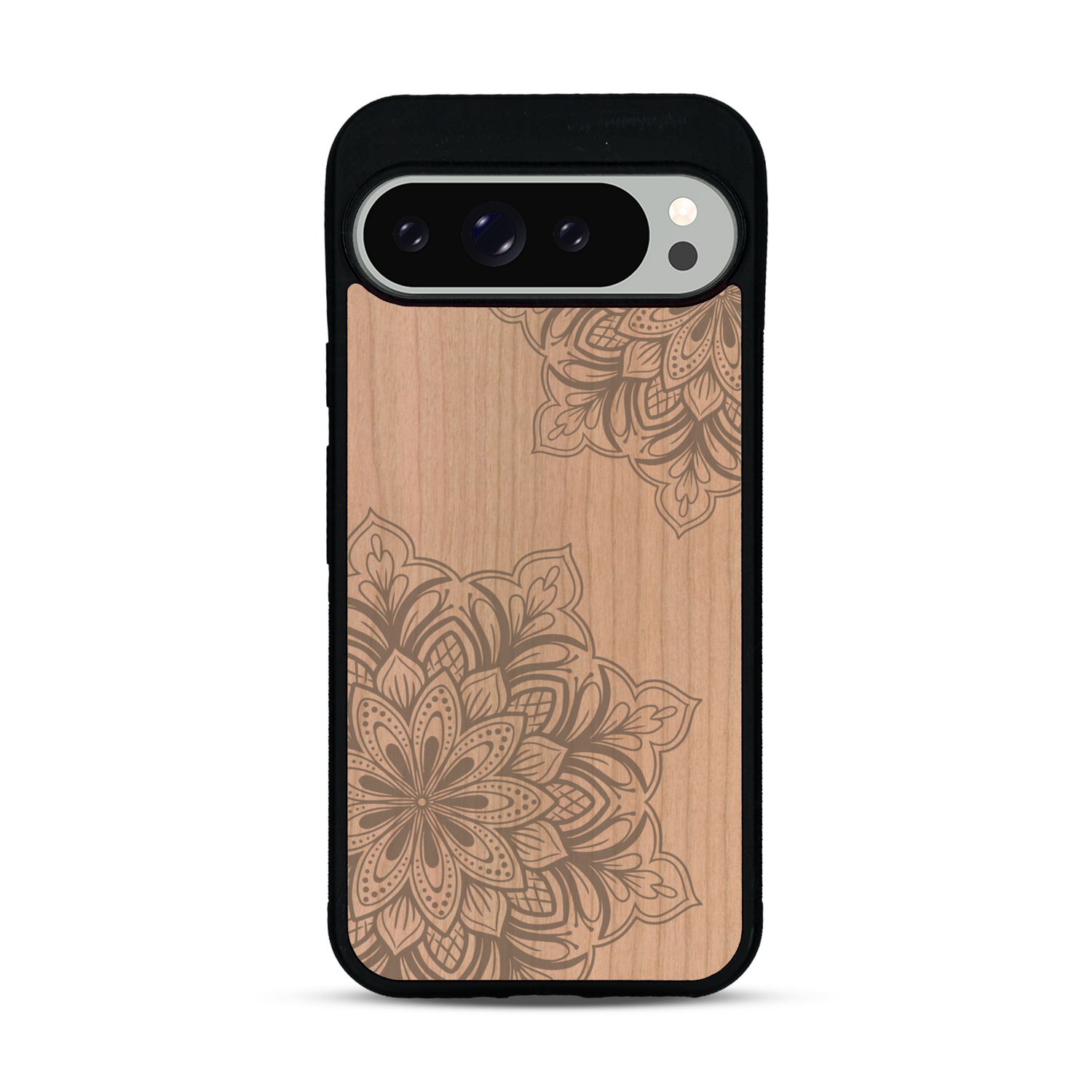 Coque de protection en bois véritable fabriquée en France pour  sur le thème de la bohème et du tatouage au henné avec une gravure représentant un mandala