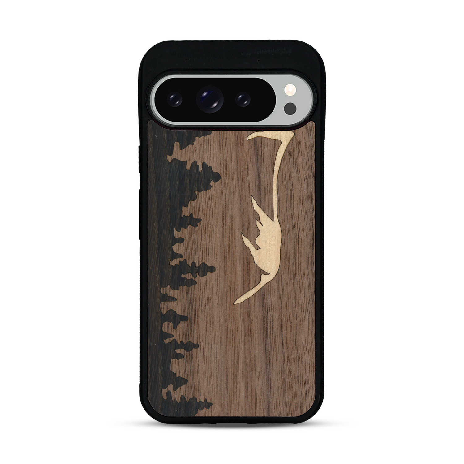 Coque de protection en bois véritable fabriquée en France pour  sur le thème de la nature et de la montagne qui allie du chêne fumé, du noyer et du bambou représentant le mont mézenc