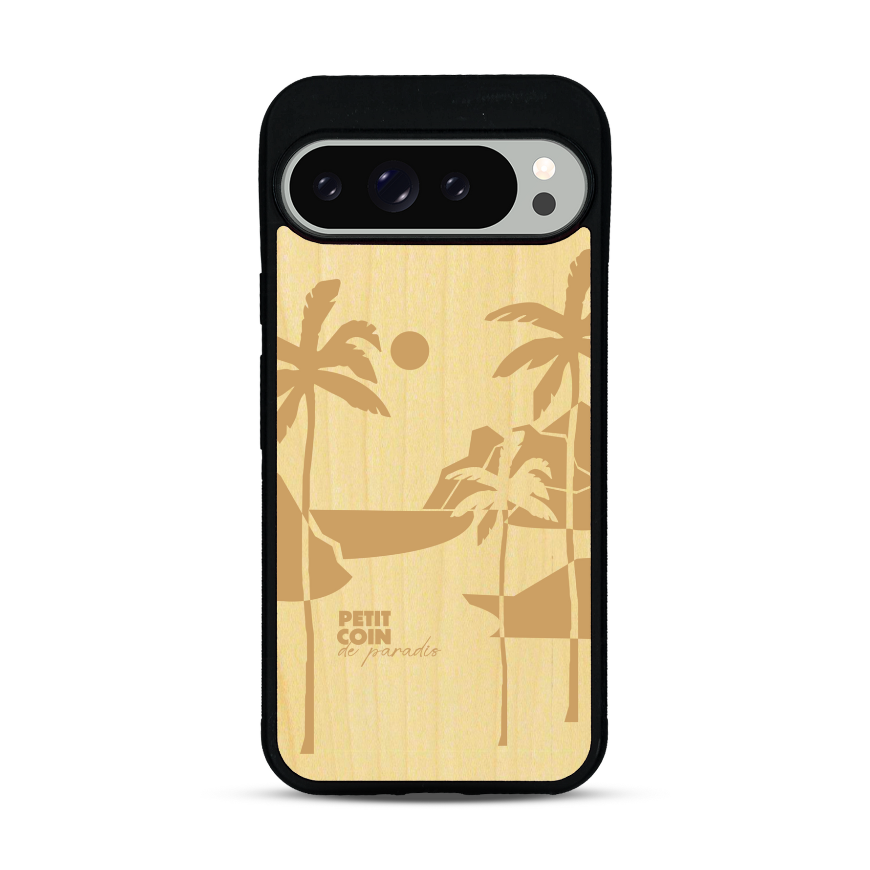 Coque de protection en bois véritable fabriquée en France pour  sur le thème des voyages en vans, vanlife et chill avec une gravure représentant un van vw combi devant le soleil couchant sur une plage avec des vagues