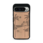 Coque de protection en bois véritable fabriquée en France pour  sur le thème des voyages en vans, vanlife et chill avec une gravure représentant un van vw combi devant le soleil couchant sur une plage avec des vagues