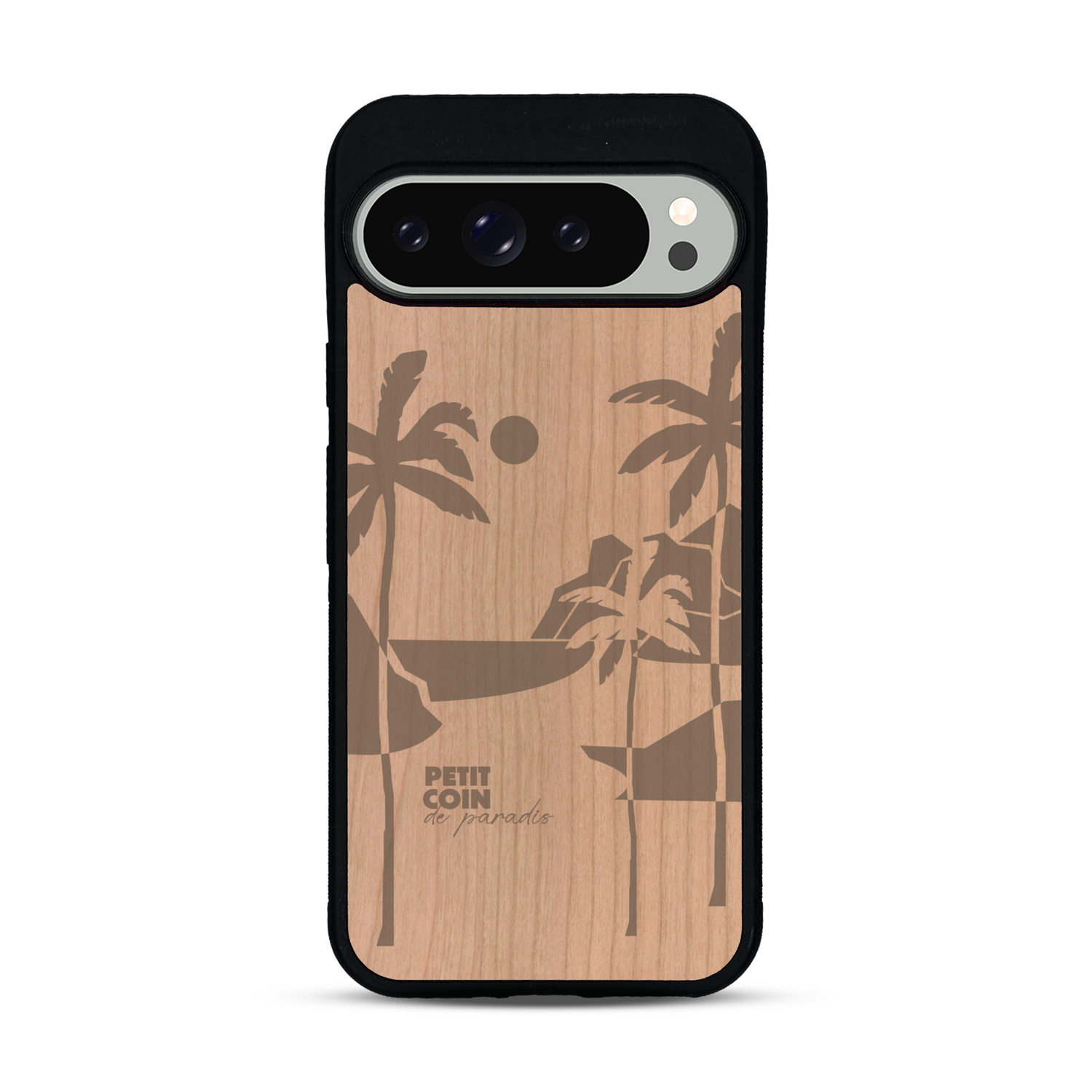 Coque de protection en bois véritable fabriquée en France pour  sur le thème des voyages en vans, vanlife et chill avec une gravure représentant un van vw combi devant le soleil couchant sur une plage avec des vagues