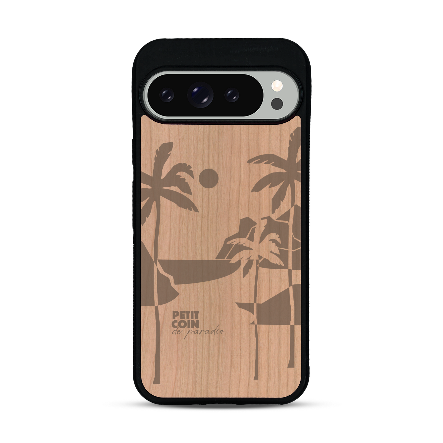 Coque de protection en bois véritable fabriquée en France pour  sur le thème des voyages en vans, vanlife et chill avec une gravure représentant un van vw combi devant le soleil couchant sur une plage avec des vagues