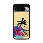 Coque de protection en bois véritable fabriquée en France pour Google Pixel 9 Pro XL représentant un tigre coloré avec un design moderne et minimaliste sur le thème de la jungle et de la nature