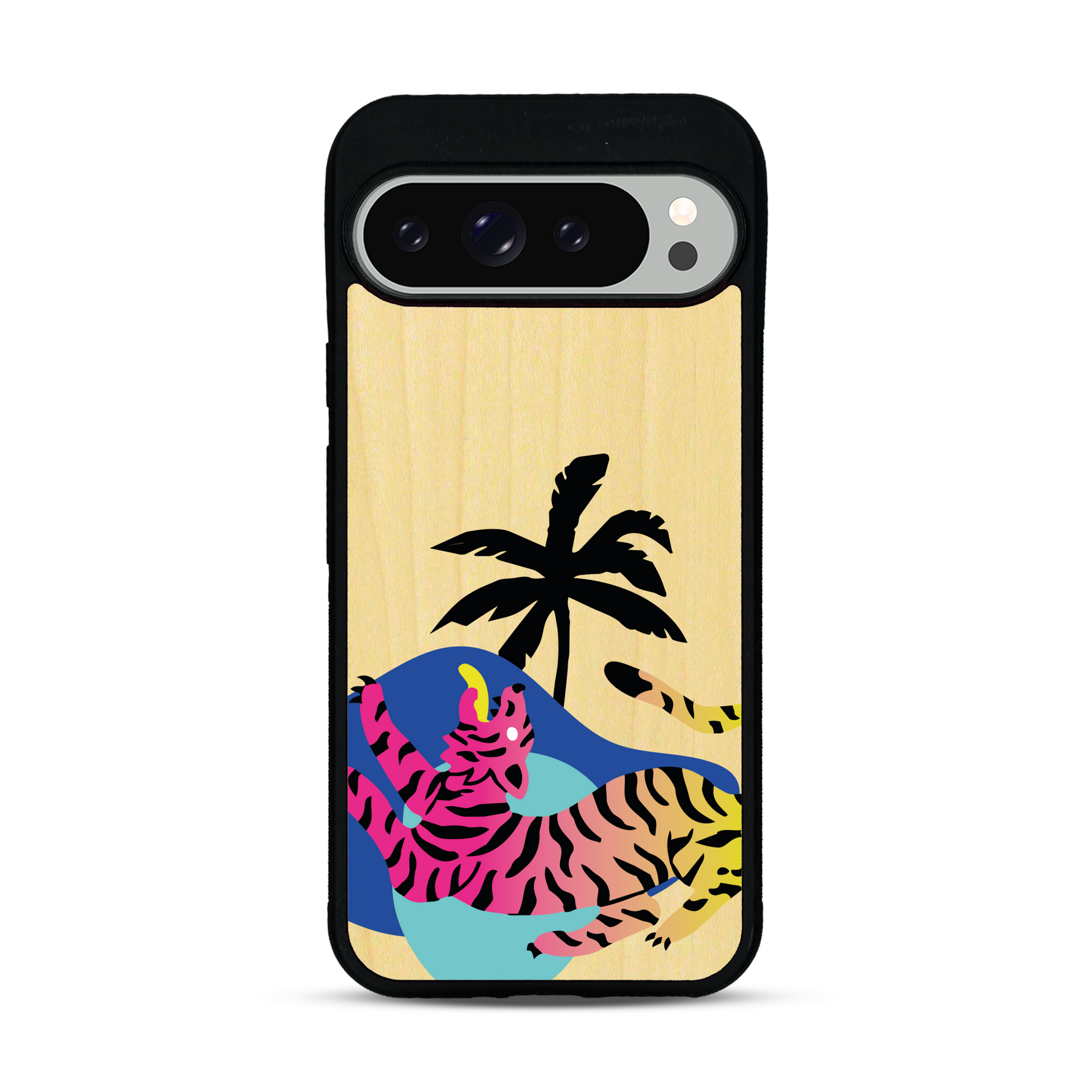 Coque de protection en bois véritable fabriquée en France pour Google Pixel 9 Pro XL représentant un tigre coloré avec un design moderne et minimaliste sur le thème de la jungle et de la nature