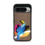 Coque de protection en bois véritable fabriquée en France pour Google Pixel 9 Pro XL représentant un toucan coloré avec un design moderne et minimaliste sur le thème de la jungle et de la nature