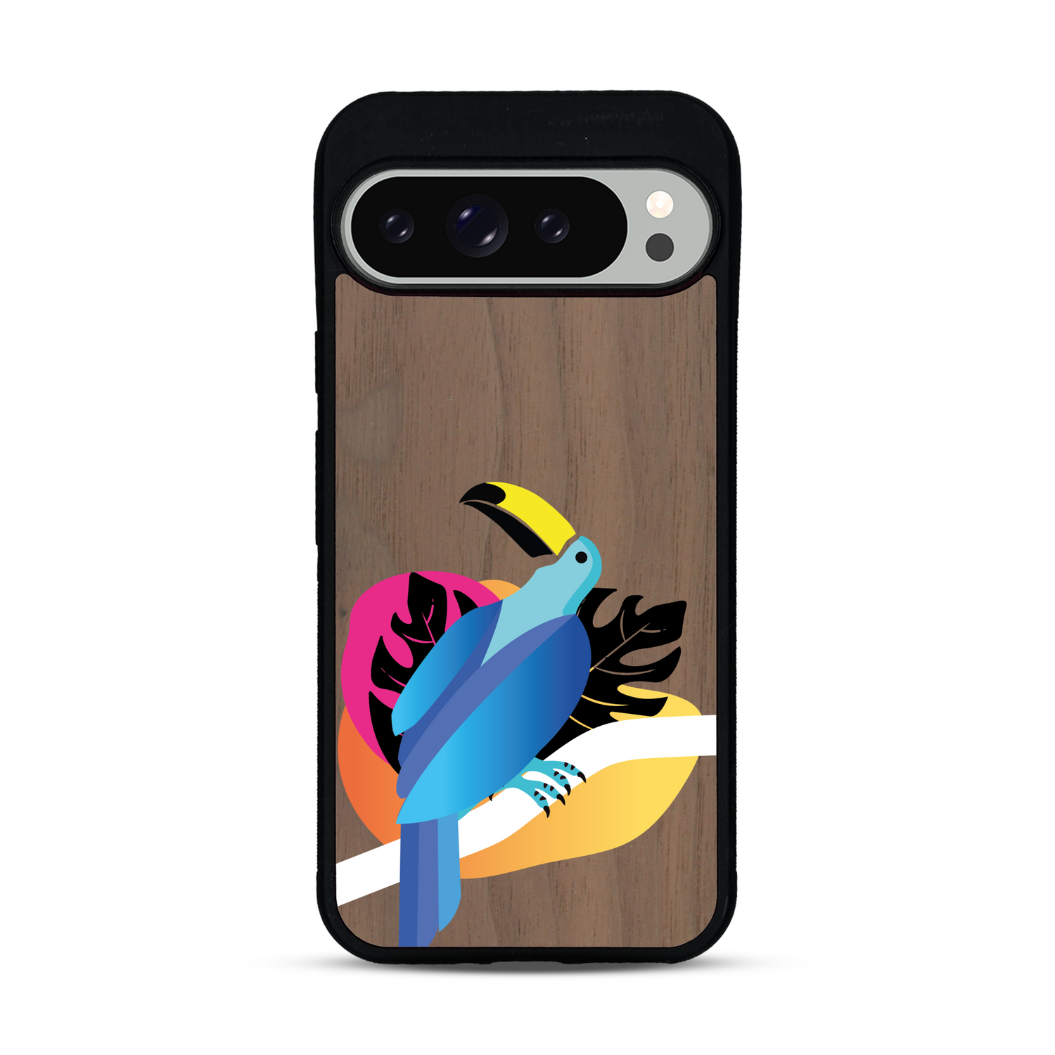 Coque de protection en bois véritable fabriquée en France pour Google Pixel 9 Pro XL représentant un toucan coloré avec un design moderne et minimaliste sur le thème de la jungle et de la nature