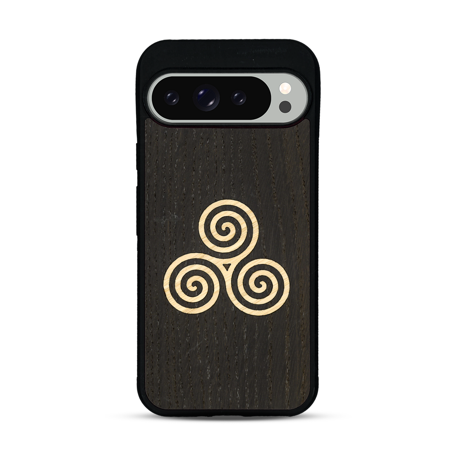 Coque de protection en bois véritable fabriquée en France pour  alliant du chêne fumé et du bambou et doré représentant un triskell
