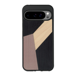 Coque de protection en bois véritable fabriquée en France pour Google Pixel 9 Pro Xl alliant du bambou, du tulipier mauve et noir en forme de mosaïque minimaliste sur le thème de l'art abstrait