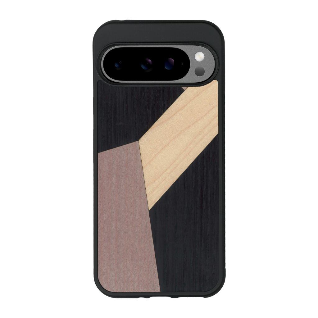 Coque de protection en bois véritable fabriquée en France pour Google Pixel 9 Pro Xl alliant du bambou, du tulipier mauve et noir en forme de mosaïque minimaliste sur le thème de l'art abstrait