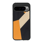 Coque de protection en bois véritable fabriquée en France pour Google Pixel 9 Pro Xl alliant du bambou, du tulipier orange et noir en forme de mosaïque minimaliste sur le thème de l'art abstrait