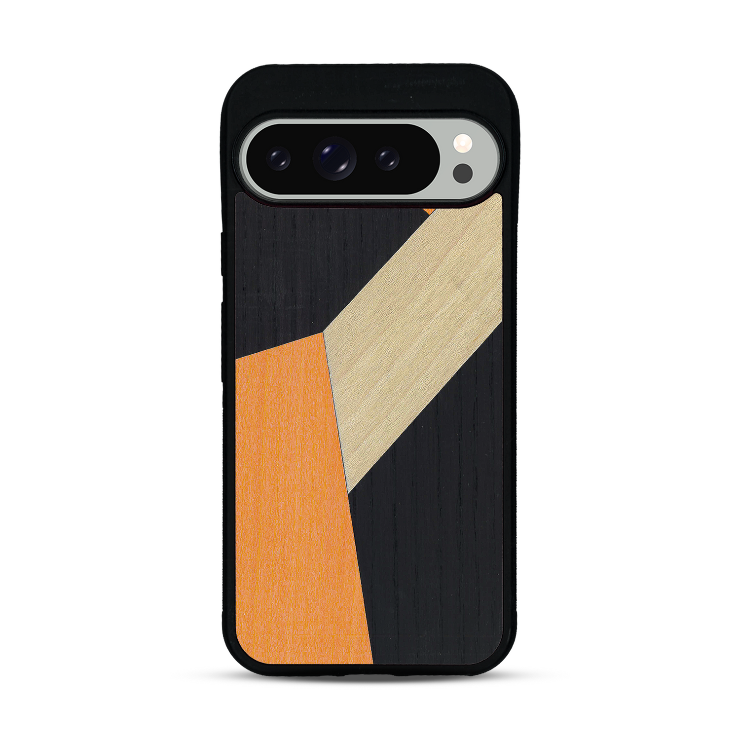 Coque de protection en bois véritable fabriquée en France pour  alliant du bambou, du tulipier orange et noir en forme de mosaïque minimaliste sur le thème de l'art abstrait
