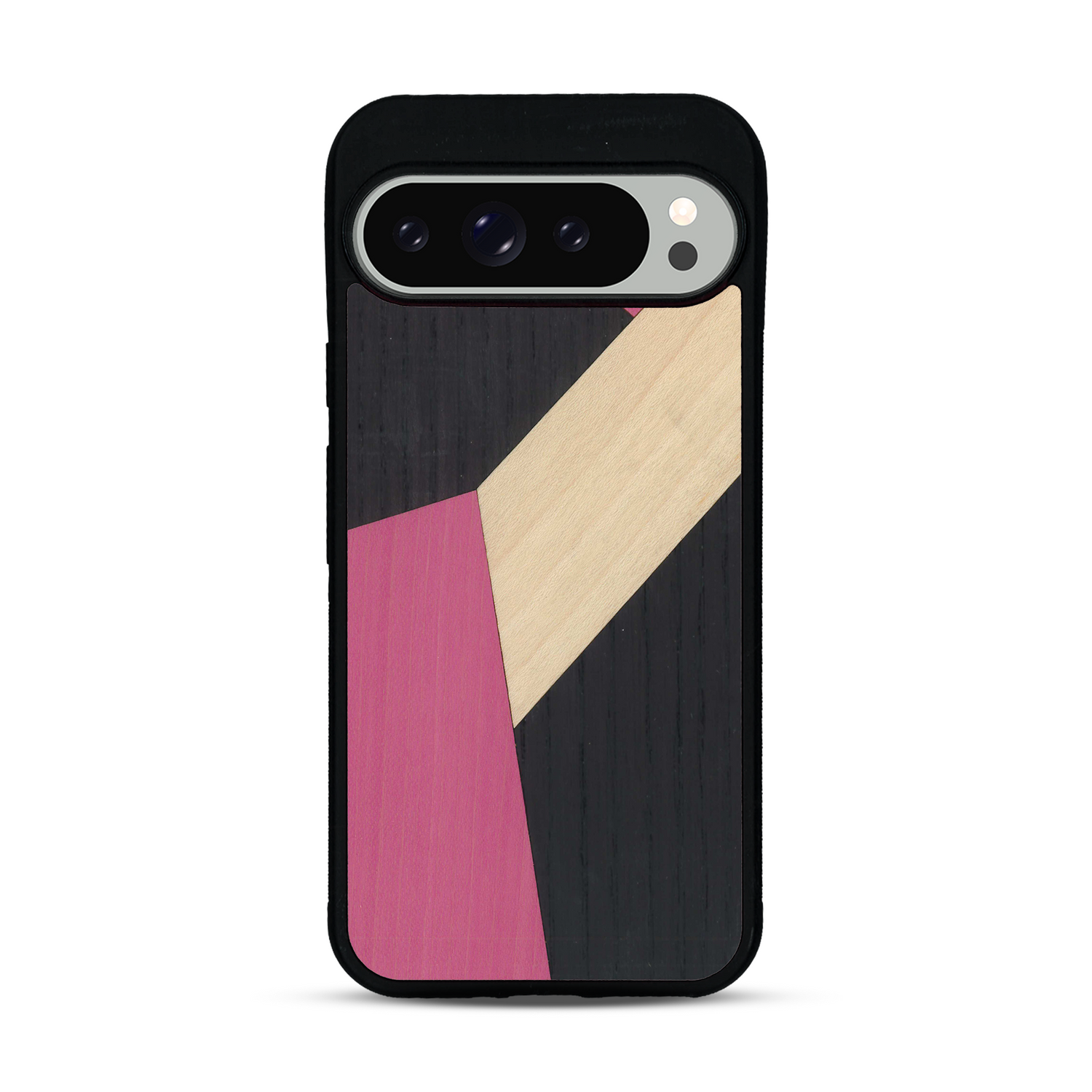 Coque de protection en bois véritable fabriquée en France pour  alliant du bambou, du tulipier rose et noir en forme de mosaïque minimaliste sur le thème de l'art abstrait