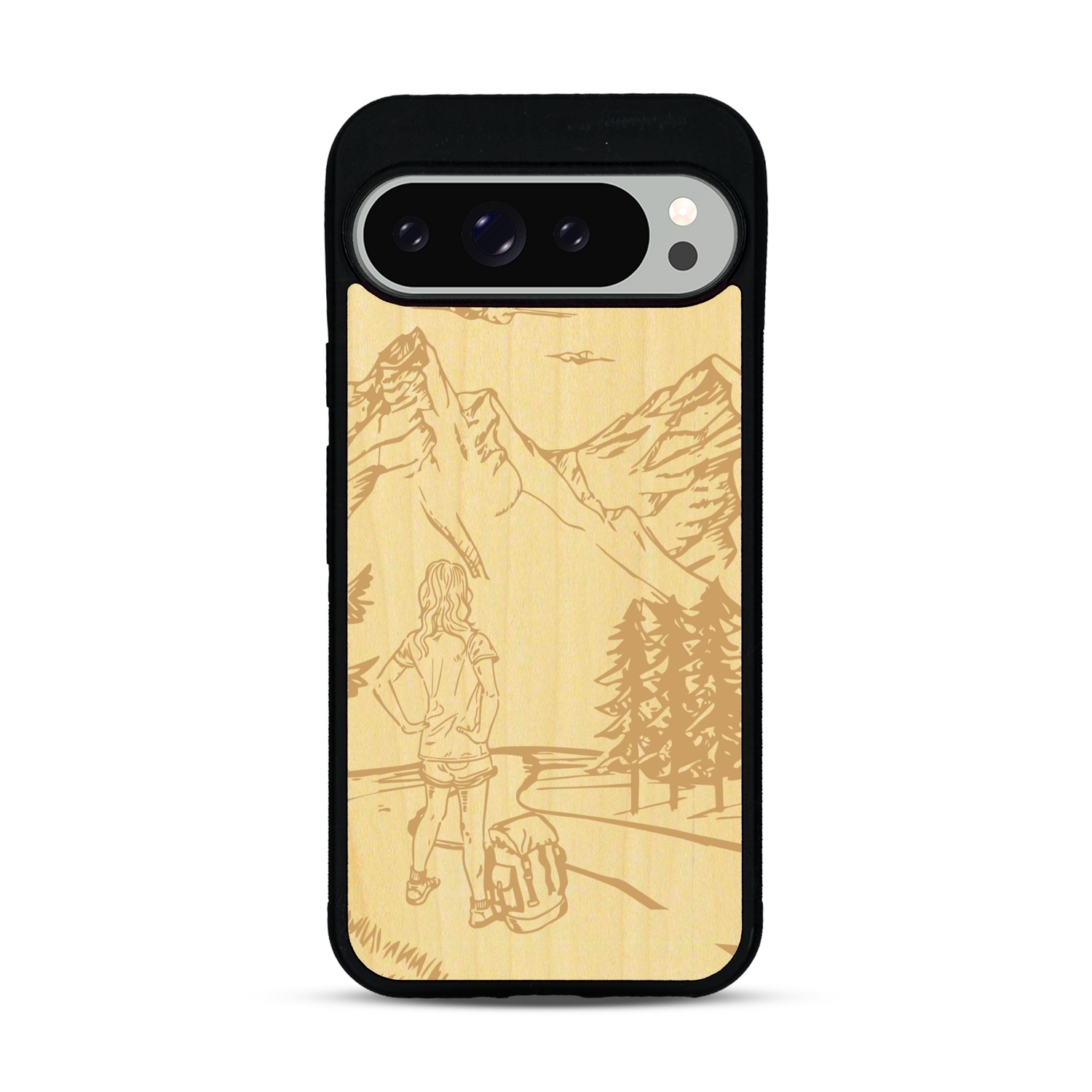 Coque de protection en bois véritable fabriquée en France pour  sur le thème de la randonnée en montagne et de l'aventure avec une gravure représentant une femme de dos face à un paysage de nature