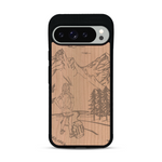 Coque de protection en bois véritable fabriquée en France pour  sur le thème de la randonnée en montagne et de l'aventure avec une gravure représentant une femme de dos face à un paysage de nature