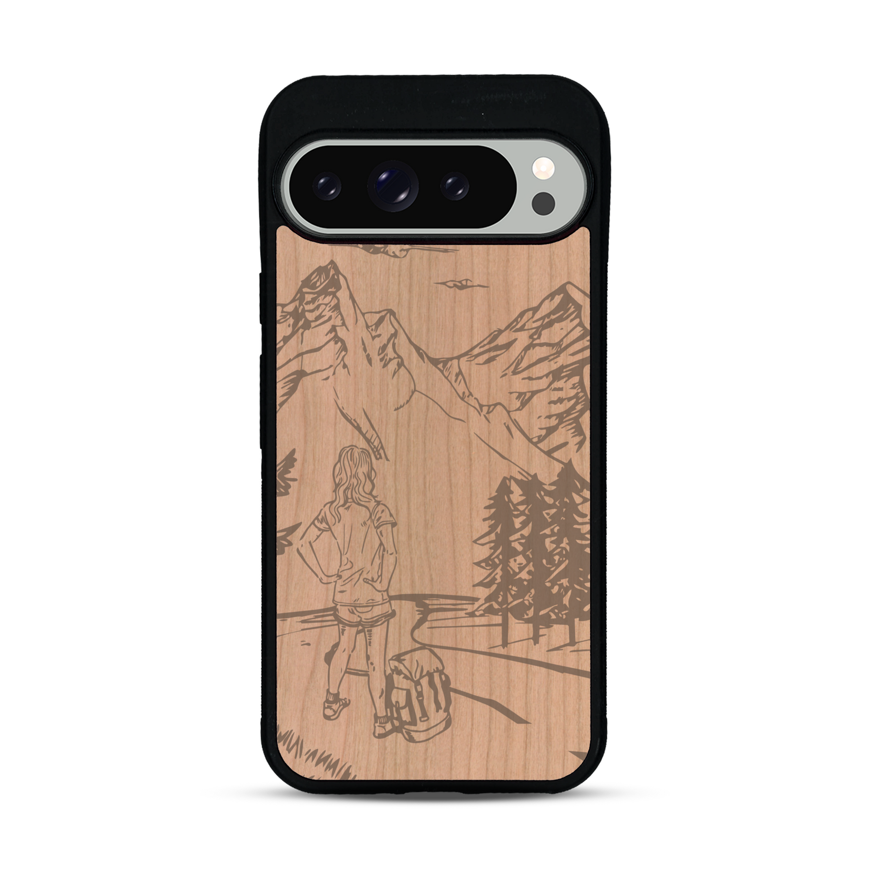 Coque de protection en bois véritable fabriquée en France pour  sur le thème de la randonnée en montagne et de l'aventure avec une gravure représentant une femme de dos face à un paysage de nature