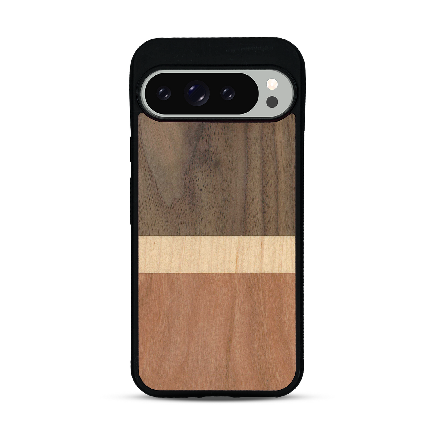 Coque de protection en bois véritable fabriquée en France pour  alliant des bandes horizontales de bambou, merisier et noyer