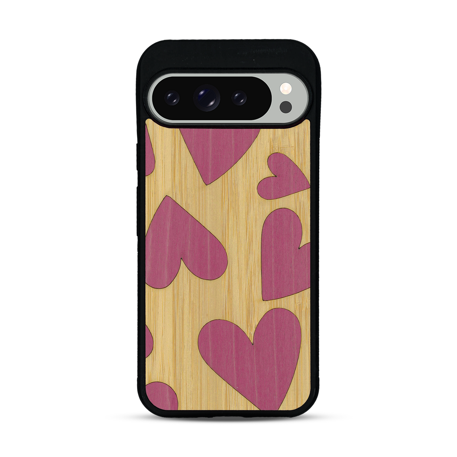 Coque de protection en bois véritable fabriquée en France pour  alliant plusieurs essences de bois pour représenter des coeurs pour les amoureux