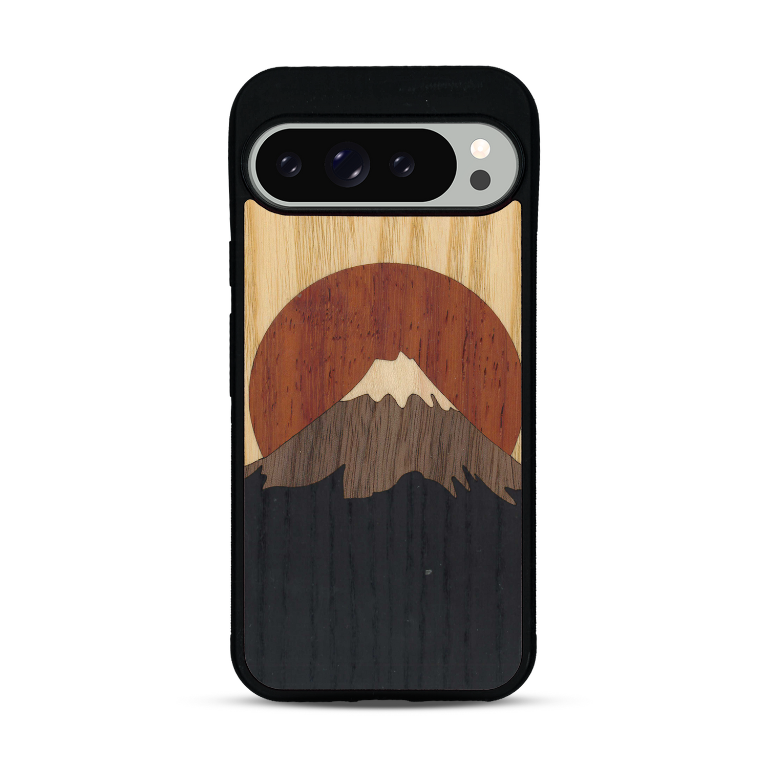 Coque de protection en bois véritable fabriquée en France pour  alliant plusieurs essences de bois pour représenter le mont Fuji