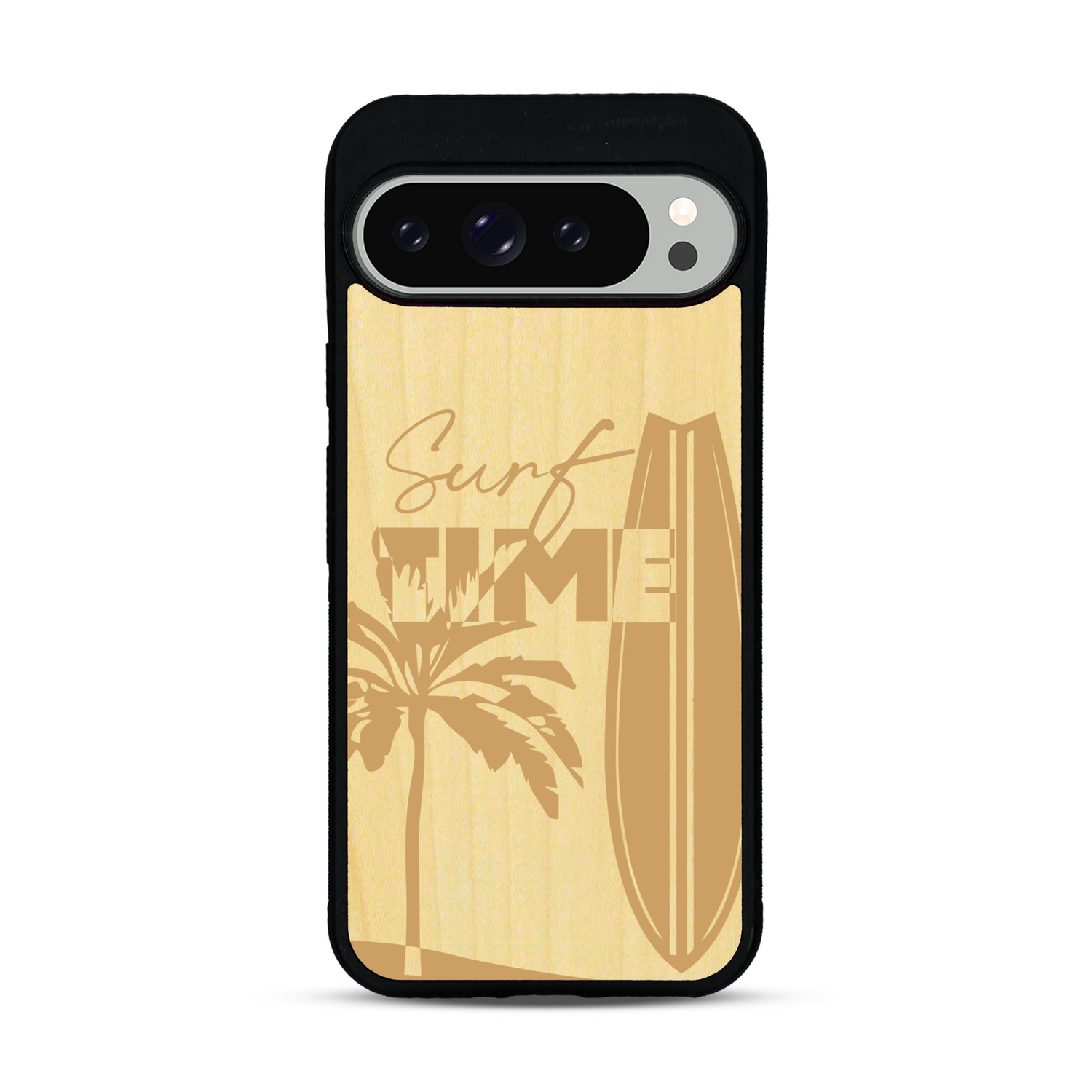 Coque de protection en bois véritable fabriquée en France pour  sur le thème chill avec un motif représentant une silouhette tenant une planche de surf sur une plage entouré de palmiers et les mots "Surf Time Long Beach Miami"