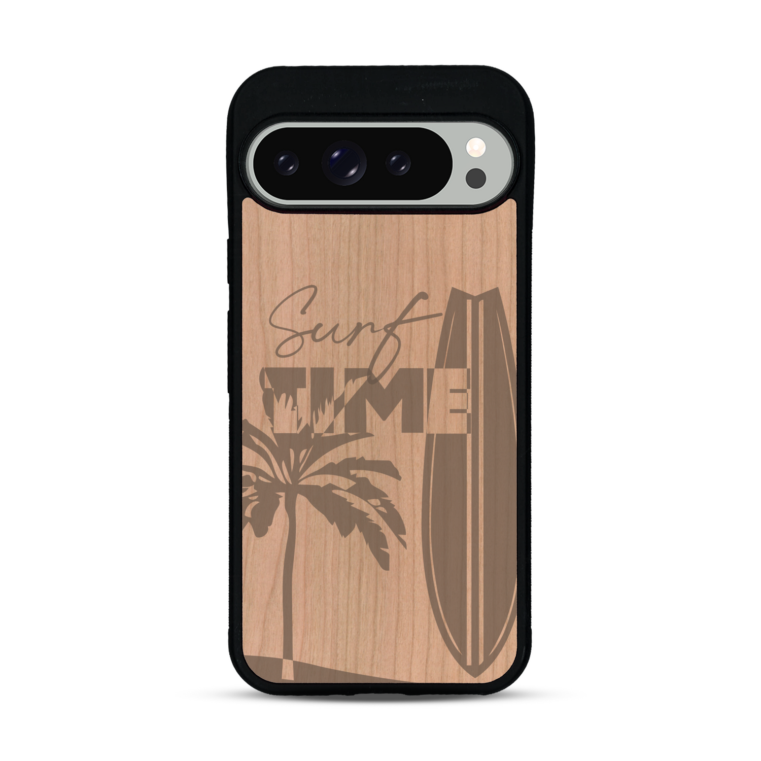 Coque de protection en bois véritable fabriquée en France pour  sur le thème chill avec un motif représentant une silouhette tenant une planche de surf sur une plage entouré de palmiers et les mots "Surf Time Long Beach Miami"