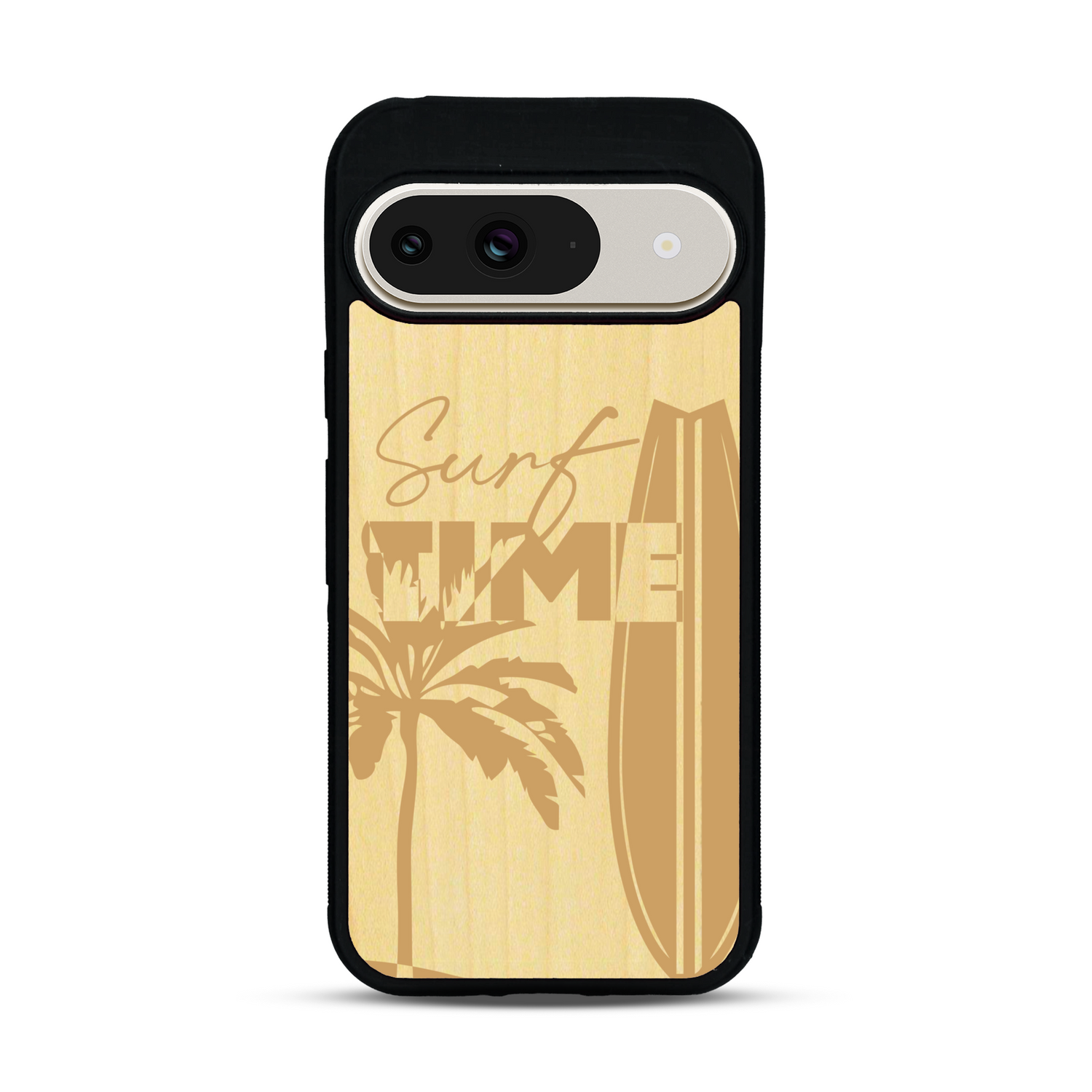 Coque de protection en bois véritable fabriquée en France pour  sur le thème chill avec un motif représentant une silouhette tenant une planche de surf sur une plage entouré de palmiers et les mots "Surf Time Long Beach Miami"
