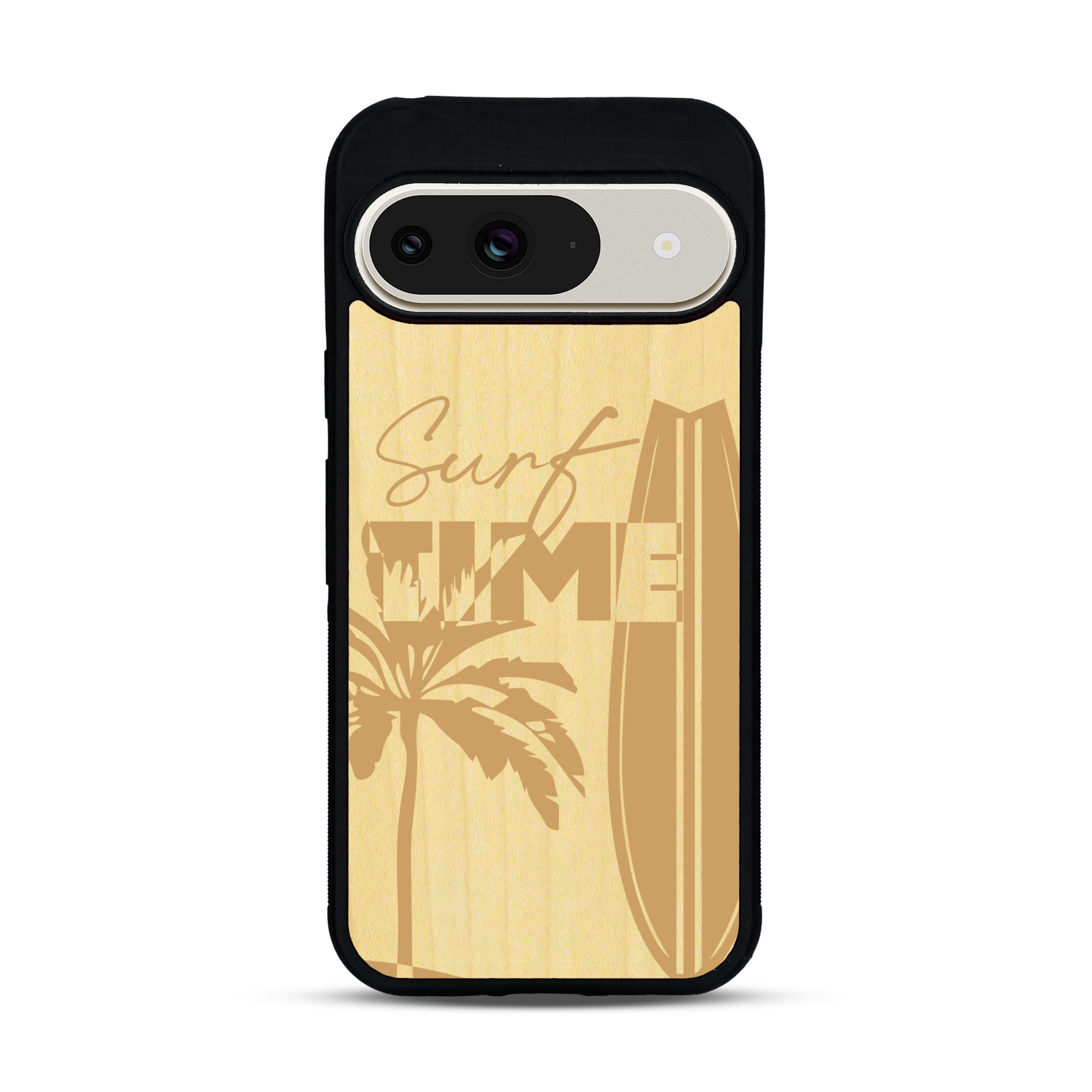 Coque de protection en bois véritable fabriquée en France pour  sur le thème chill avec un motif représentant une silouhette tenant une planche de surf sur une plage entouré de palmiers et les mots "Surf Time Long Beach Miami"