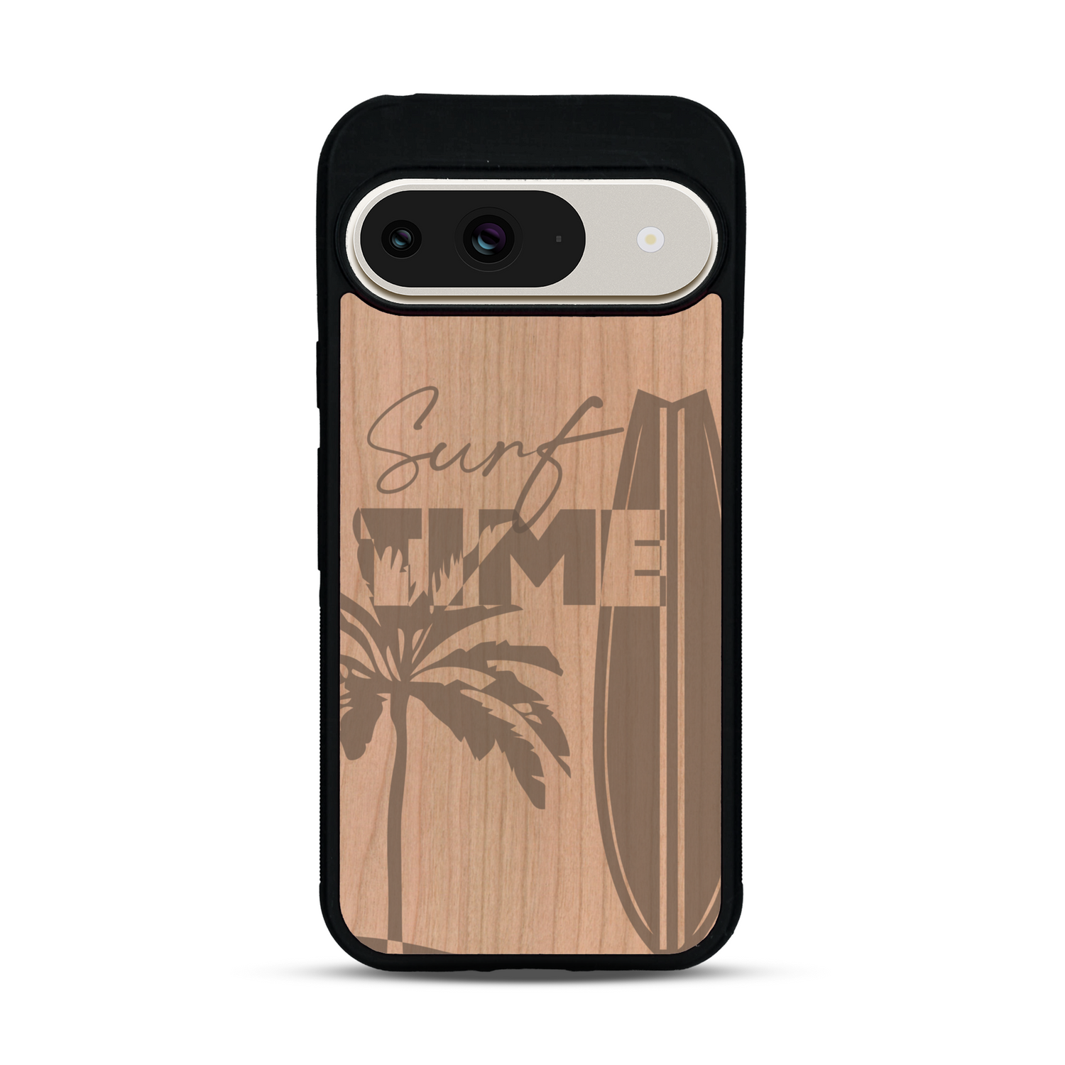Coque de protection en bois véritable fabriquée en France pour  sur le thème chill avec un motif représentant une silouhette tenant une planche de surf sur une plage entouré de palmiers et les mots "Surf Time Long Beach Miami"