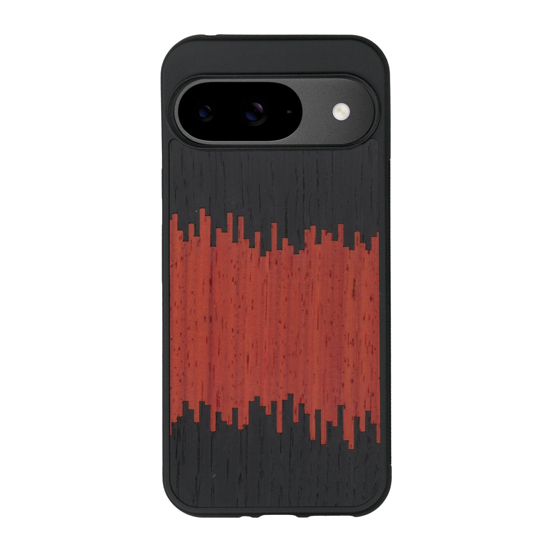 Coque de protection en bois véritable fabriquée en France pour Google Pixel 9 alliant plusieurs essences de bois pour représenter du magma en fusion