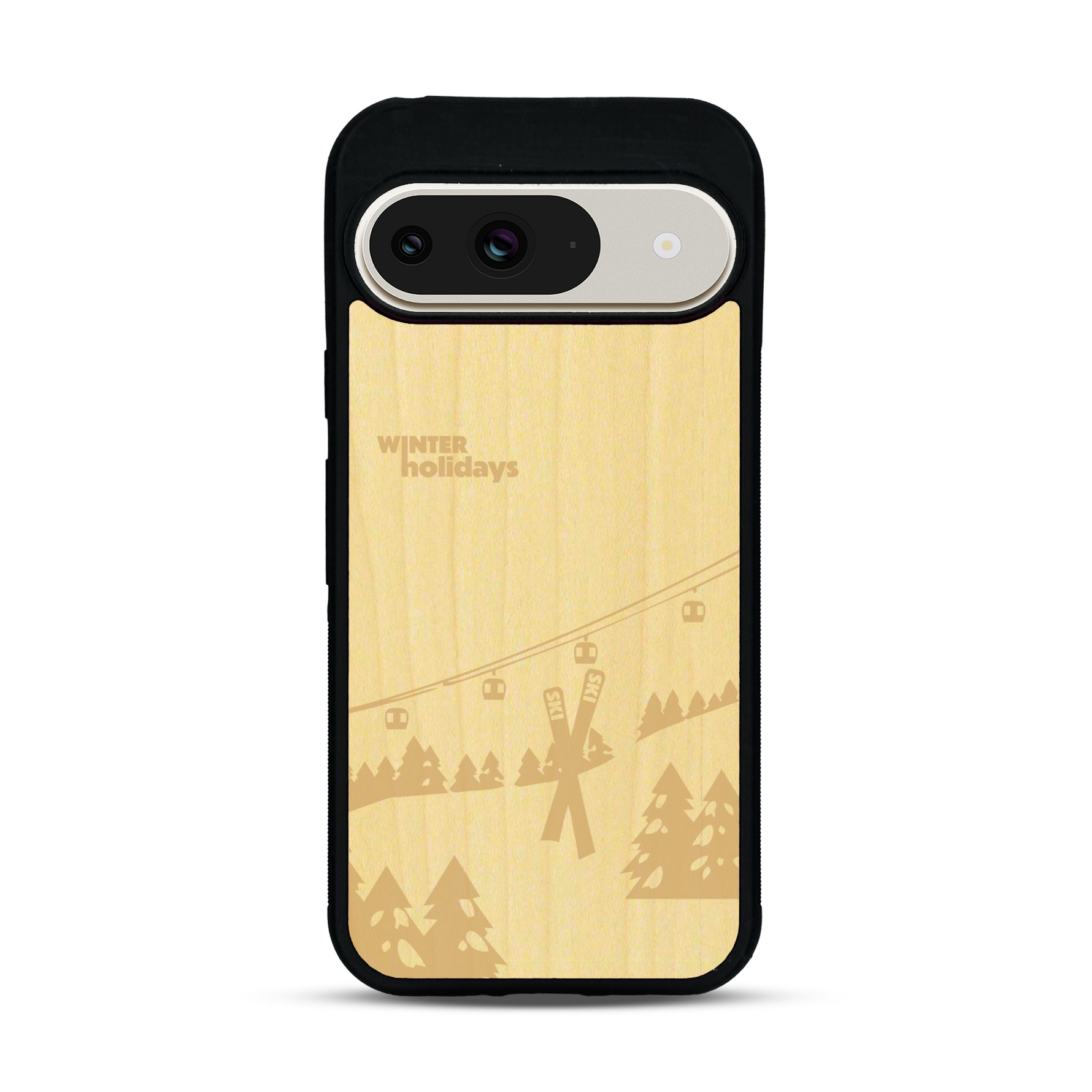 Coque de protection en bois véritable fabriquée en France pour  sur le thème de la montagne, du ski et de la neige avec un motif représentant une paire de ski plantée dans la neige avec en fond des montagnes enneigées