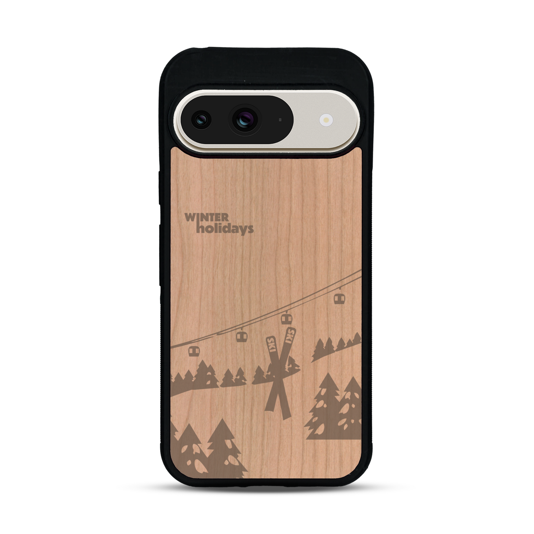 Coque de protection en bois véritable fabriquée en France pour  sur le thème de la montagne, du ski et de la neige avec un motif représentant une paire de ski plantée dans la neige avec en fond des montagnes enneigées