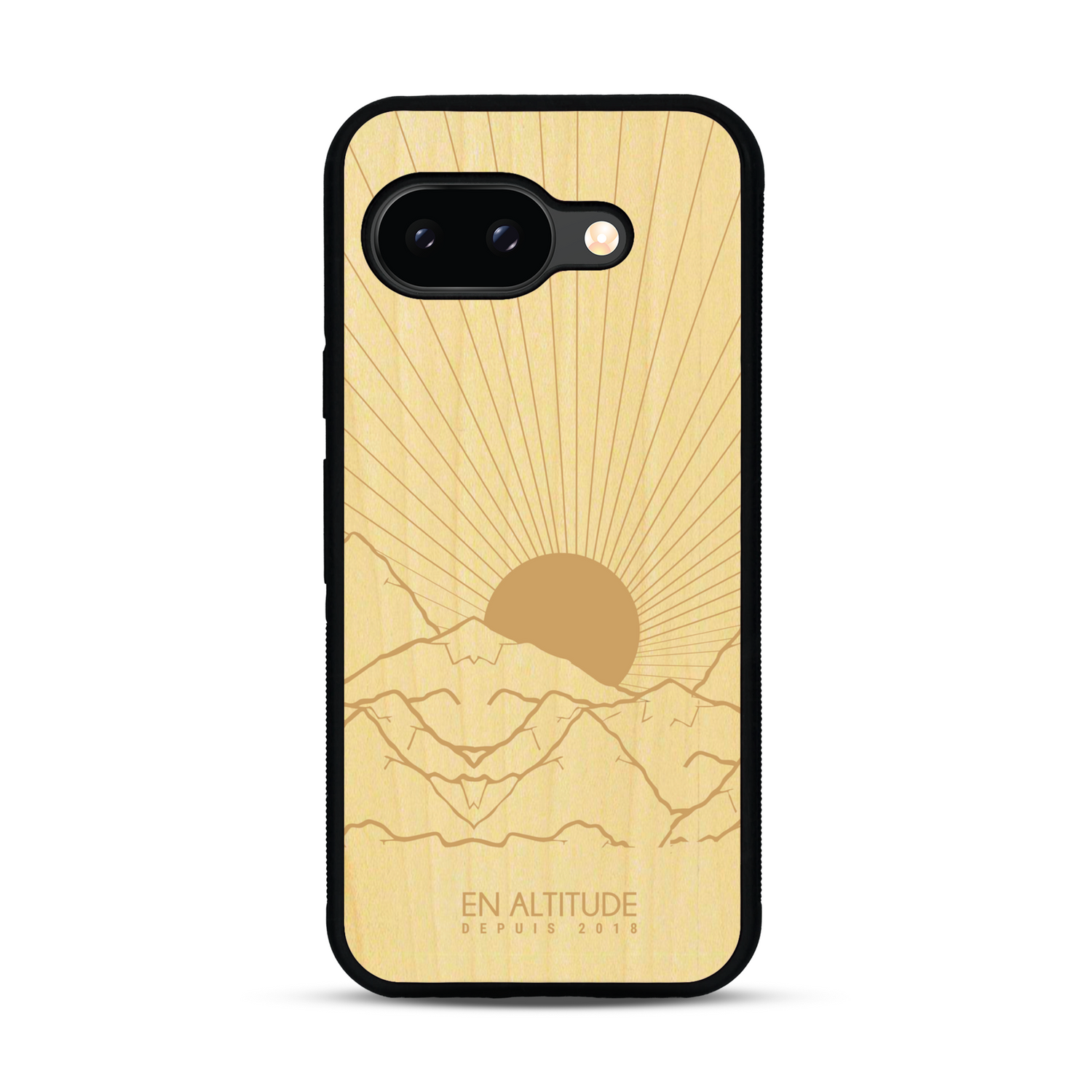 Coque de protection en bois véritable fabriquée en France pour  représentant des montagnes, sur le thème de la randonnée en pleine nature et du trail