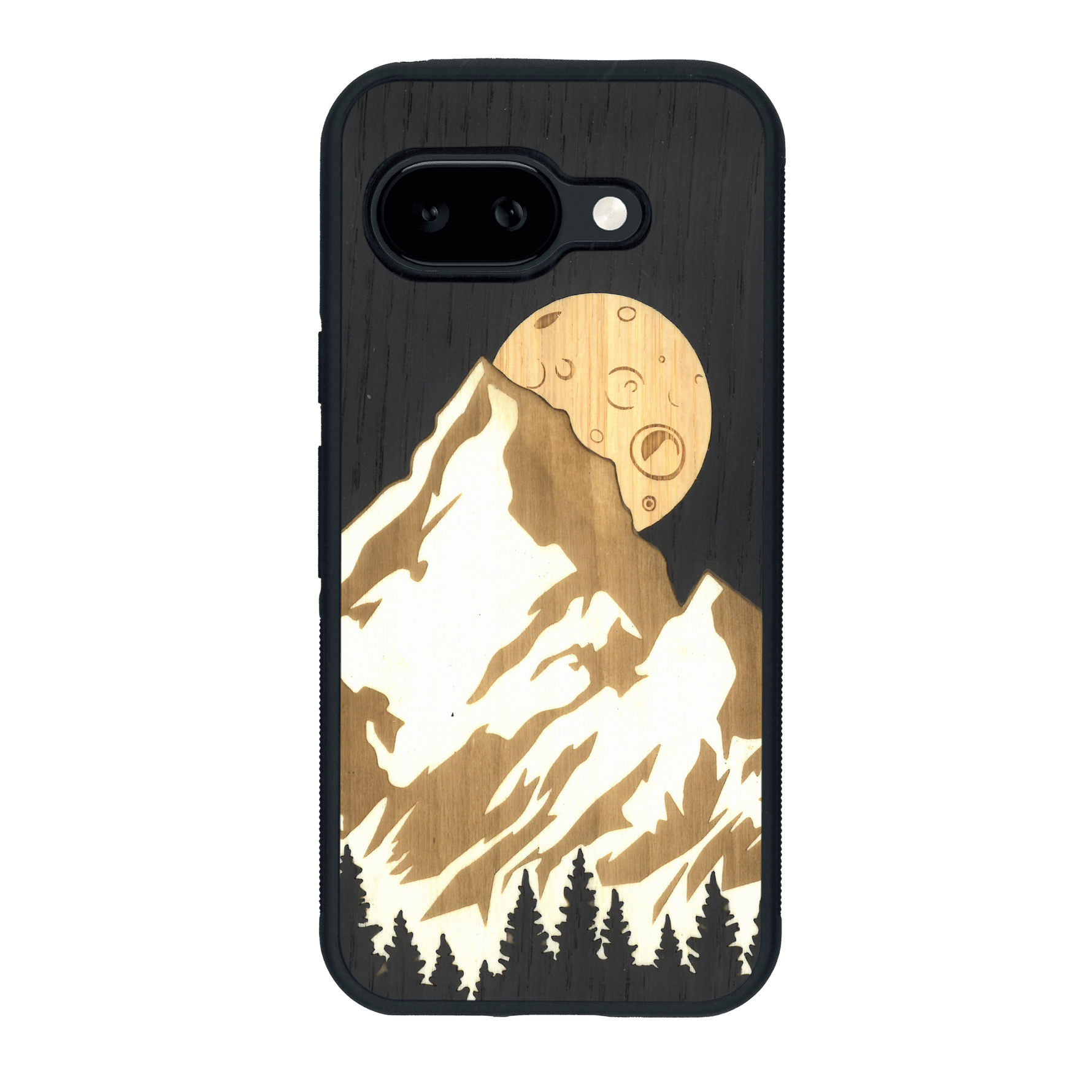 Coque de protection en bois véritable fabriquée en France pour Google Pixel 9A alliant plusieurs essences de bois pour représenter le mont Everest