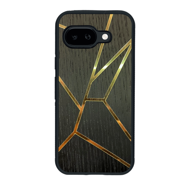 Coque de protection en bois véritable fabriquée en France pour Google Pixel 9A alliant plusieurs essences de bois pour représenter des fragments design