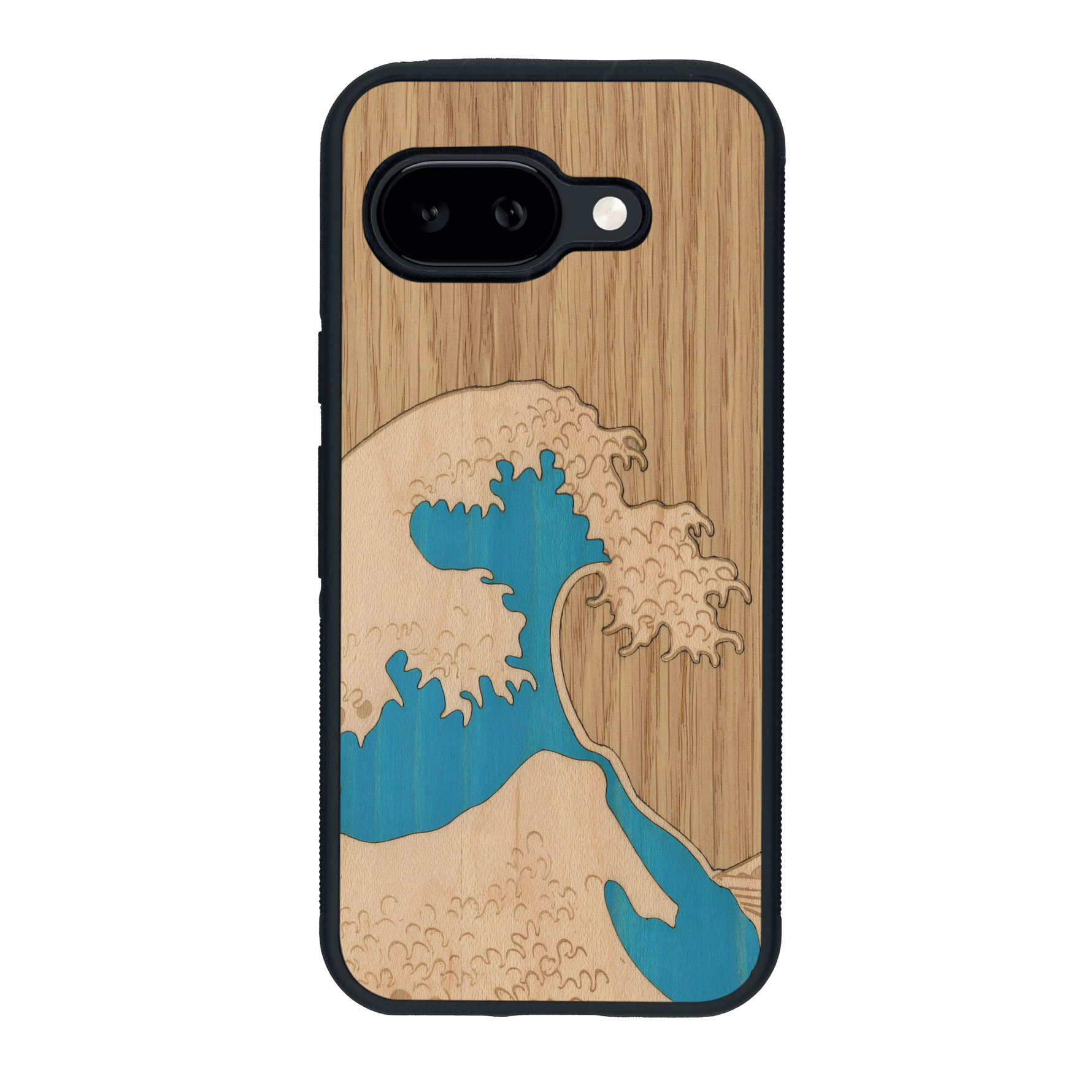 Coque de protection en bois véritable fabriquée en France pour Google Pixel 9A alliant plusieurs essences de bois pour représenter la célèbre grande vague de Kanagawa