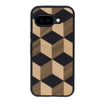 Coque de protection en bois véritable fabriquée en France pour Google Pixel 9A alliant plusieurs essences de bois pour représenter un classique intemporel de la marqueterie