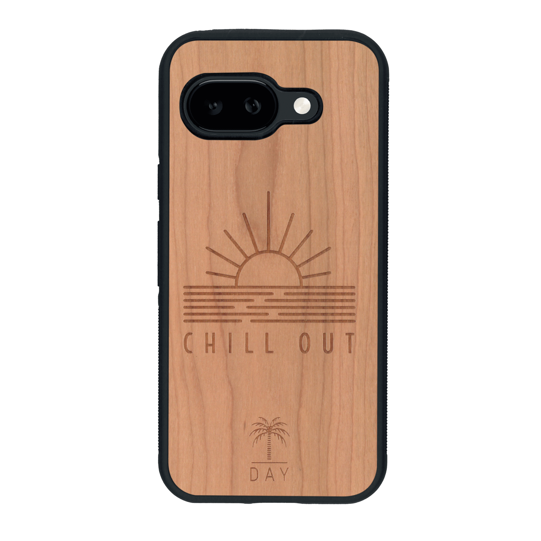 Coque de protection en bois véritable fabriquée en France pour Google Pixel 9A sur le thème chill avec un motif représentant un couché de soleil sur l'océan et la phrase "Chill out"