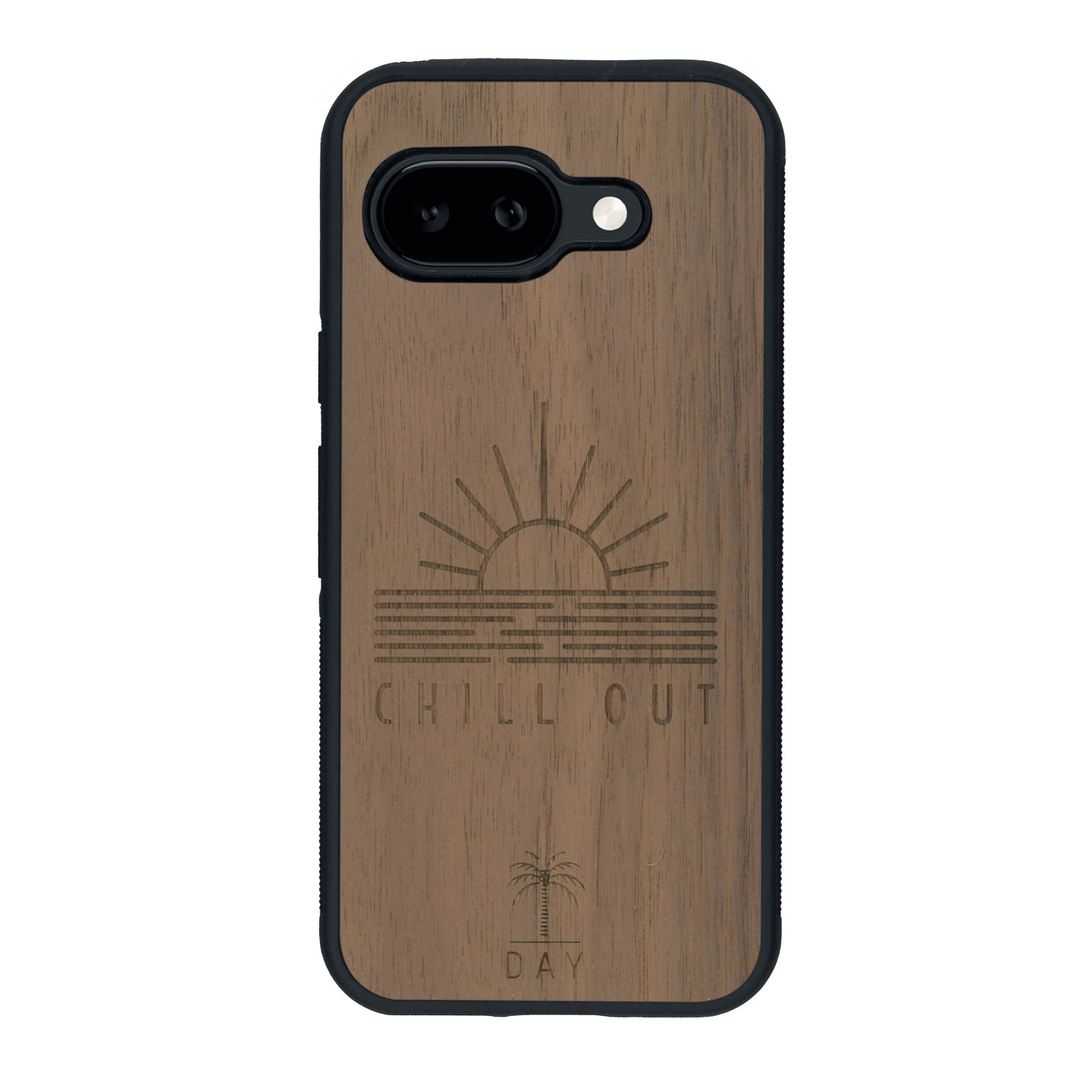 Coque de protection en bois véritable fabriquée en France pour Google Pixel 9A sur le thème chill avec un motif représentant un couché de soleil sur l'océan et la phrase "Chill out"
