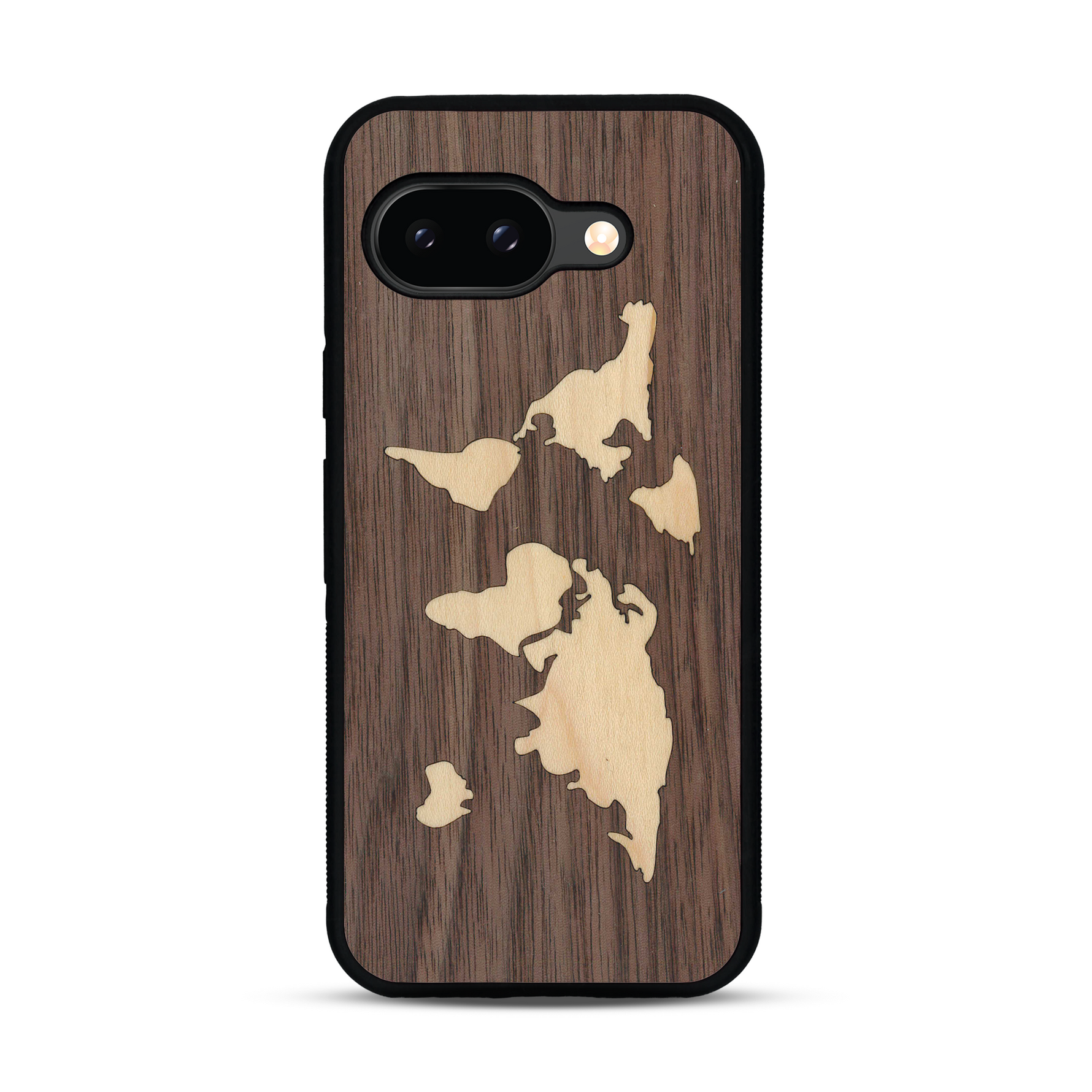 Coque de protection en bois véritable fabriquée en France pour  alliant du bambou et du noyer sur le thème du voyage et de l'aventure représentant une mappemonde