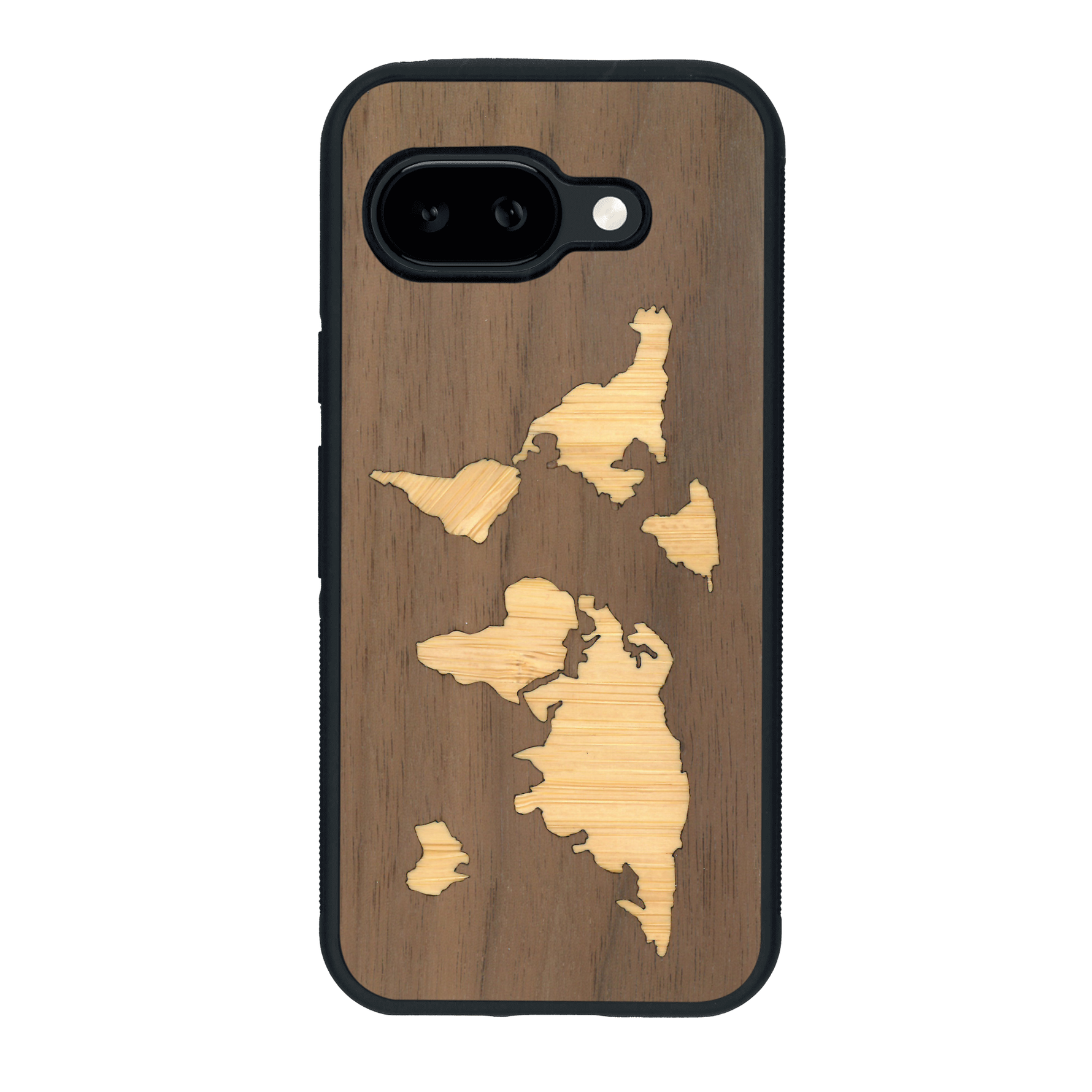 Coque de protection en bois véritable fabriquée en France pour Google Pixel 9A alliant du bambou et du noyer sur le thème du voyage et de l'aventure représentant une mappemonde