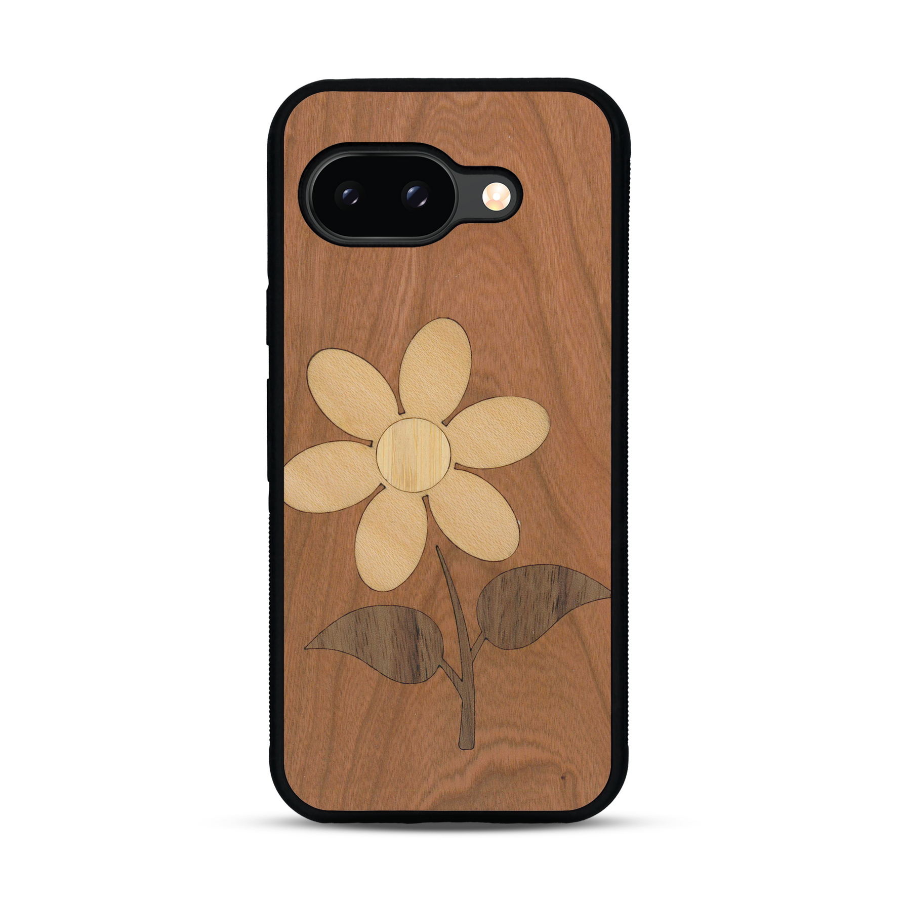 Coque de protection en bois véritable fabriquée en France pour  alliant plusieurs essences de bois pour représenter une marguerite