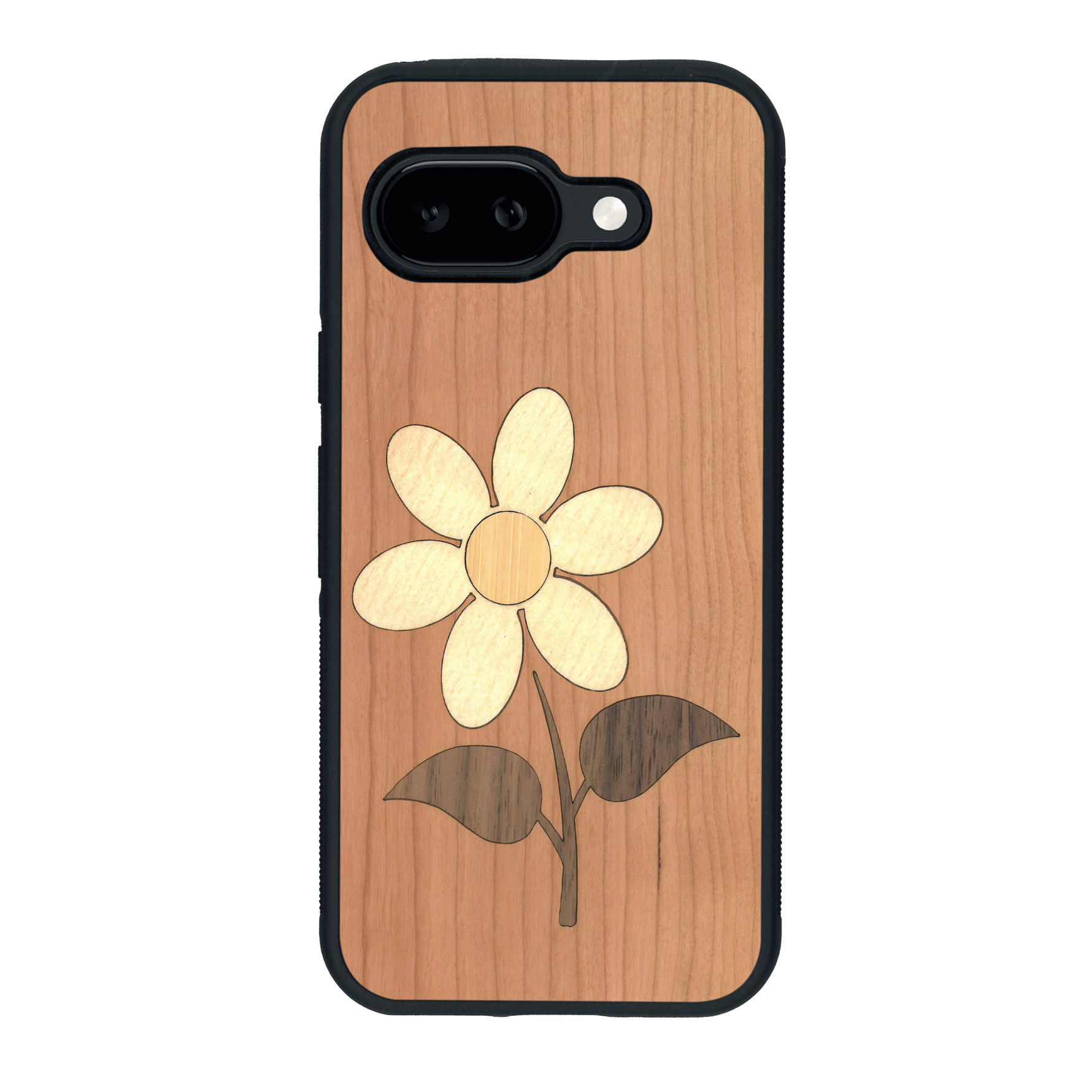 Coque de protection en bois véritable fabriquée en France pour Google Pixel 9A alliant plusieurs essences de bois pour représenter une marguerite