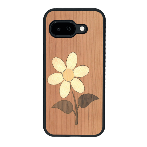 Coque de protection en bois véritable fabriquée en France pour Google Pixel 9A alliant plusieurs essences de bois pour représenter une marguerite