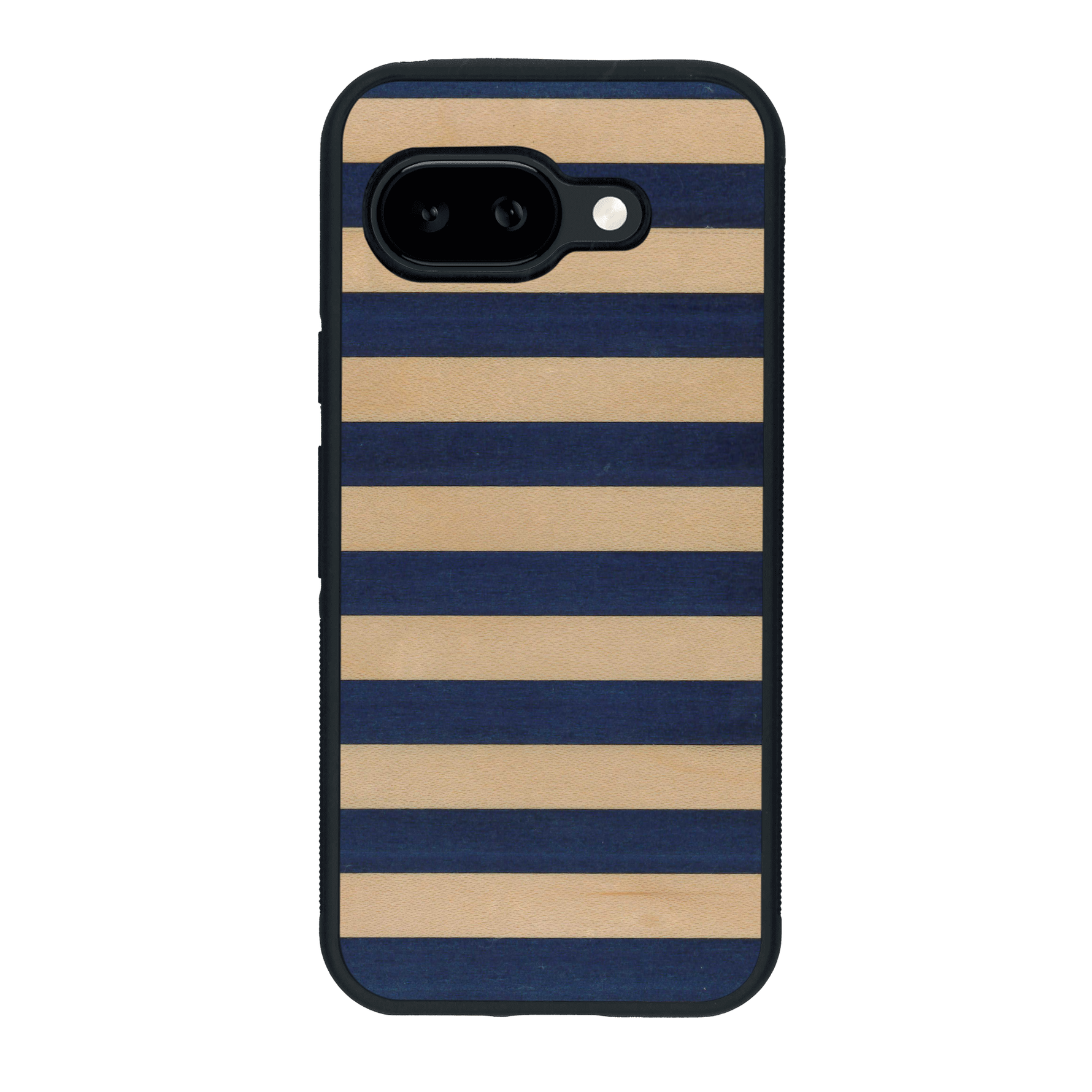 Coque de protection en bois véritable fabriquée en France pour Google Pixel 9A alliant plusieurs essences de bois pour représenter une marinière